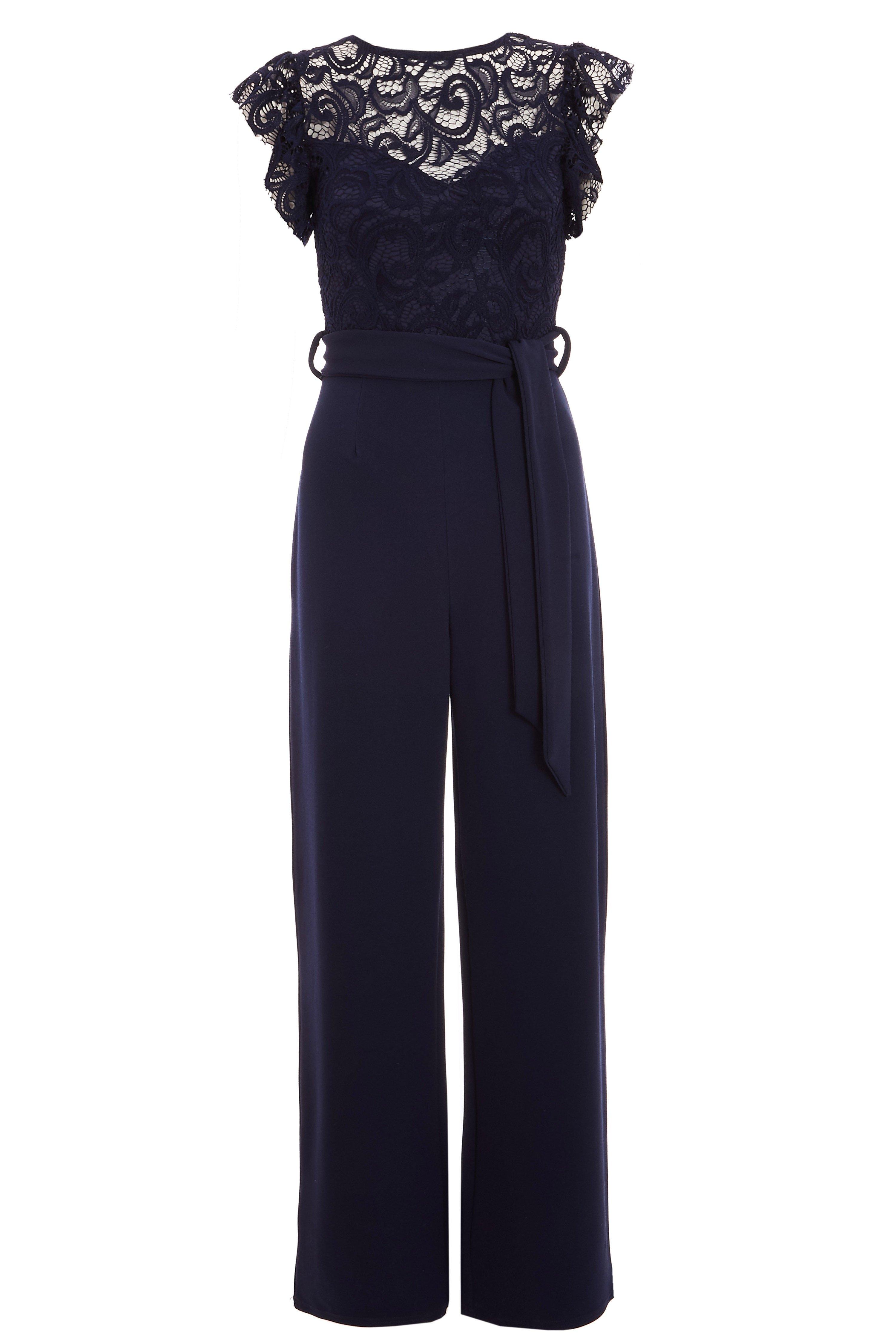 Navy Lace Frill Sleeve Palazzo Jumpsuit Quiz Clothing