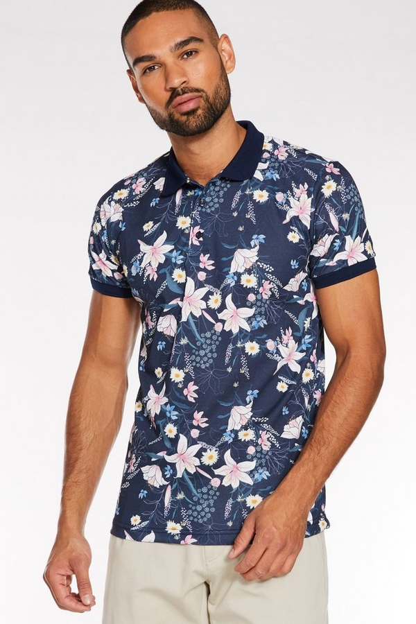 All Over Flower Printed Polo in Navy