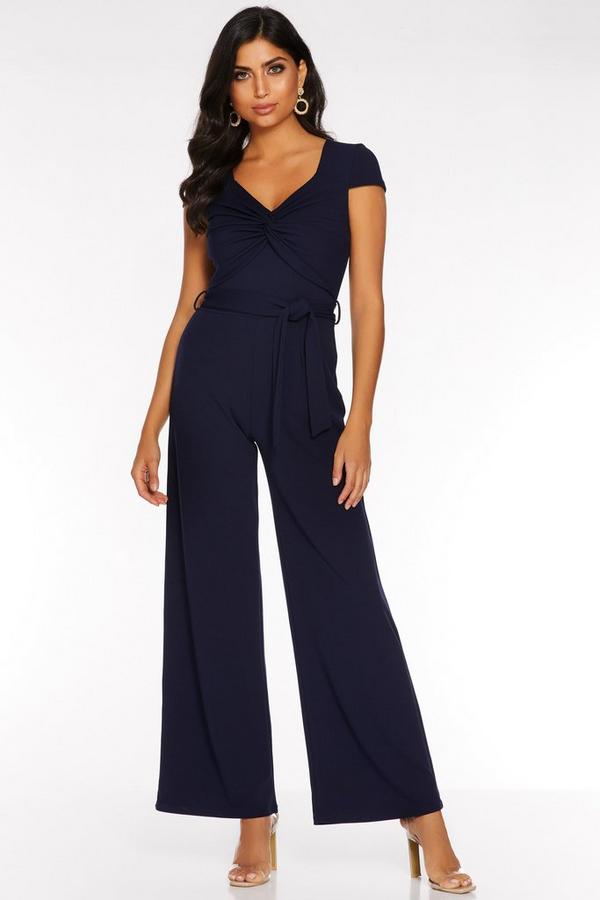 Navy Knot Front Cap Sleeve Jumpsuit - Quiz Clothing