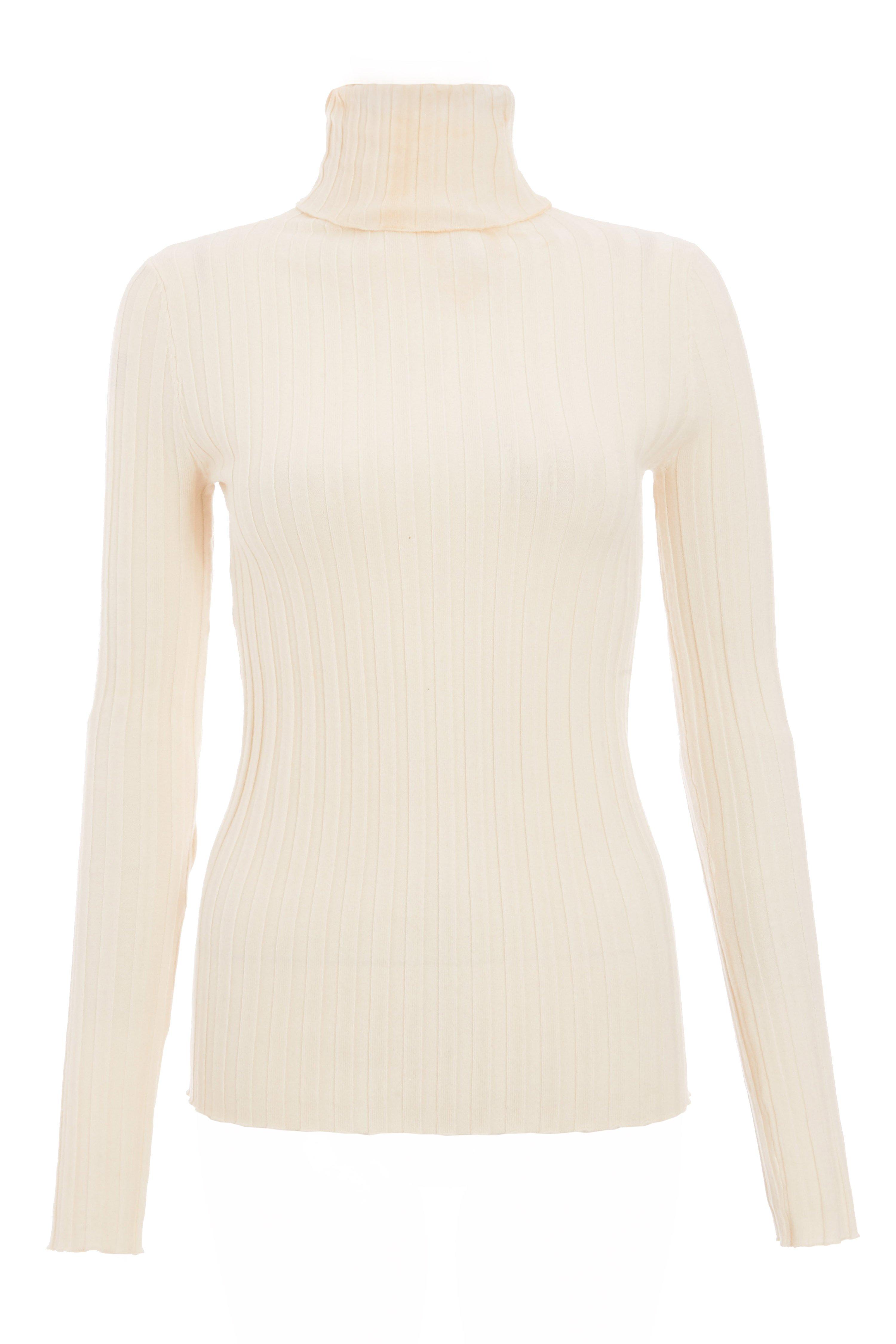 Cream Ribbed Polo Neck Light Knit Top - Quiz Clothing