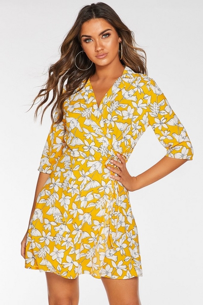Mustard Floral Print Wrap Dress