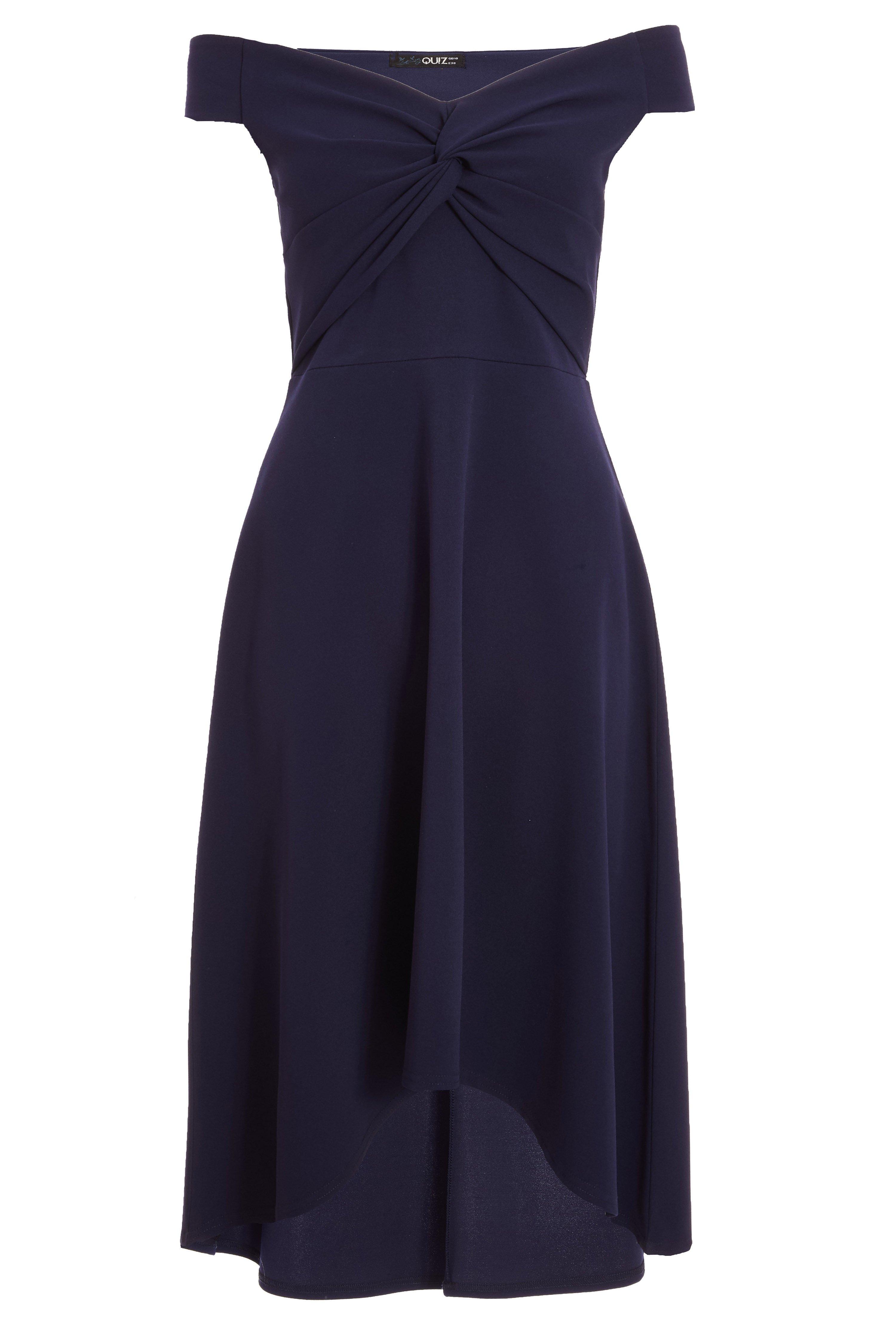 quiz navy bardot knot front dip hem dress