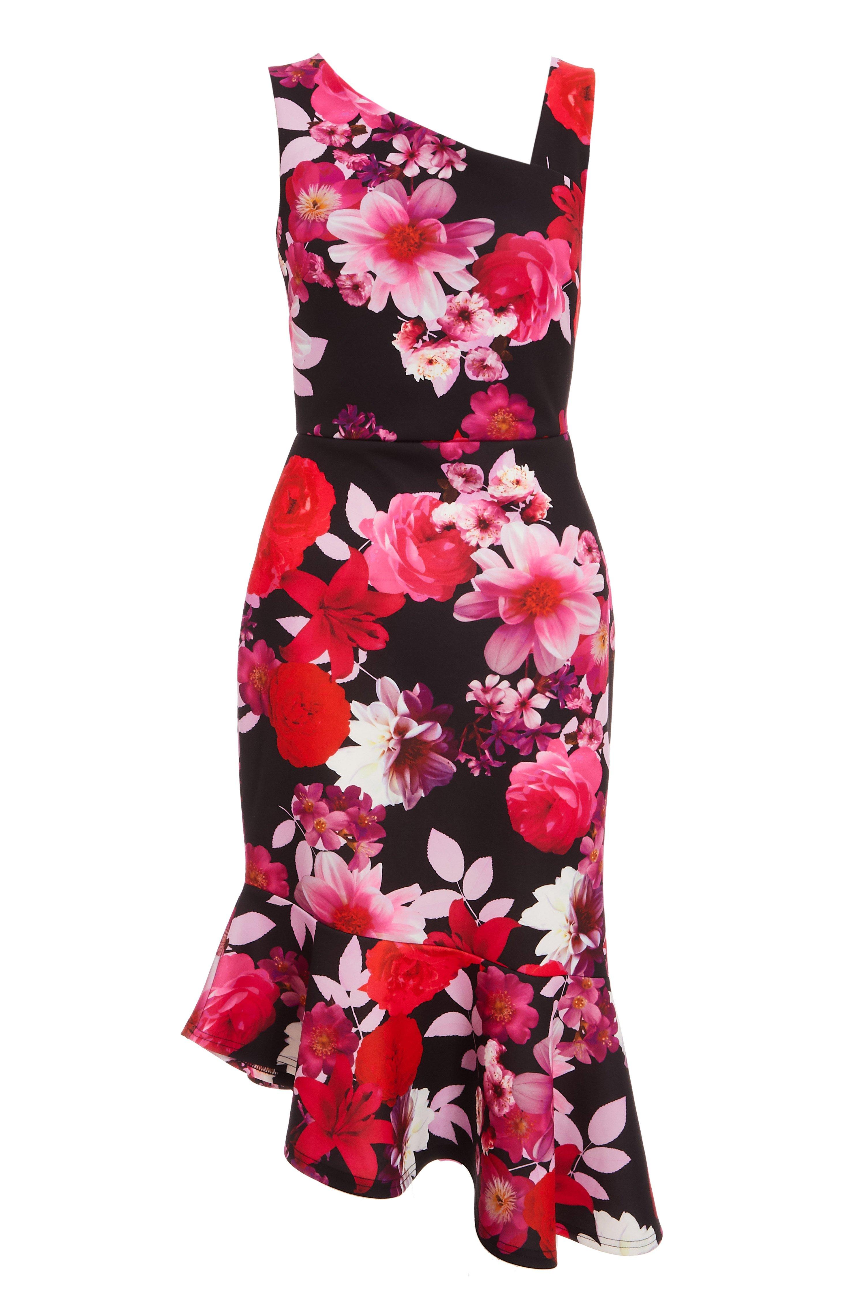 quiz pink floral asymmetric midi dress