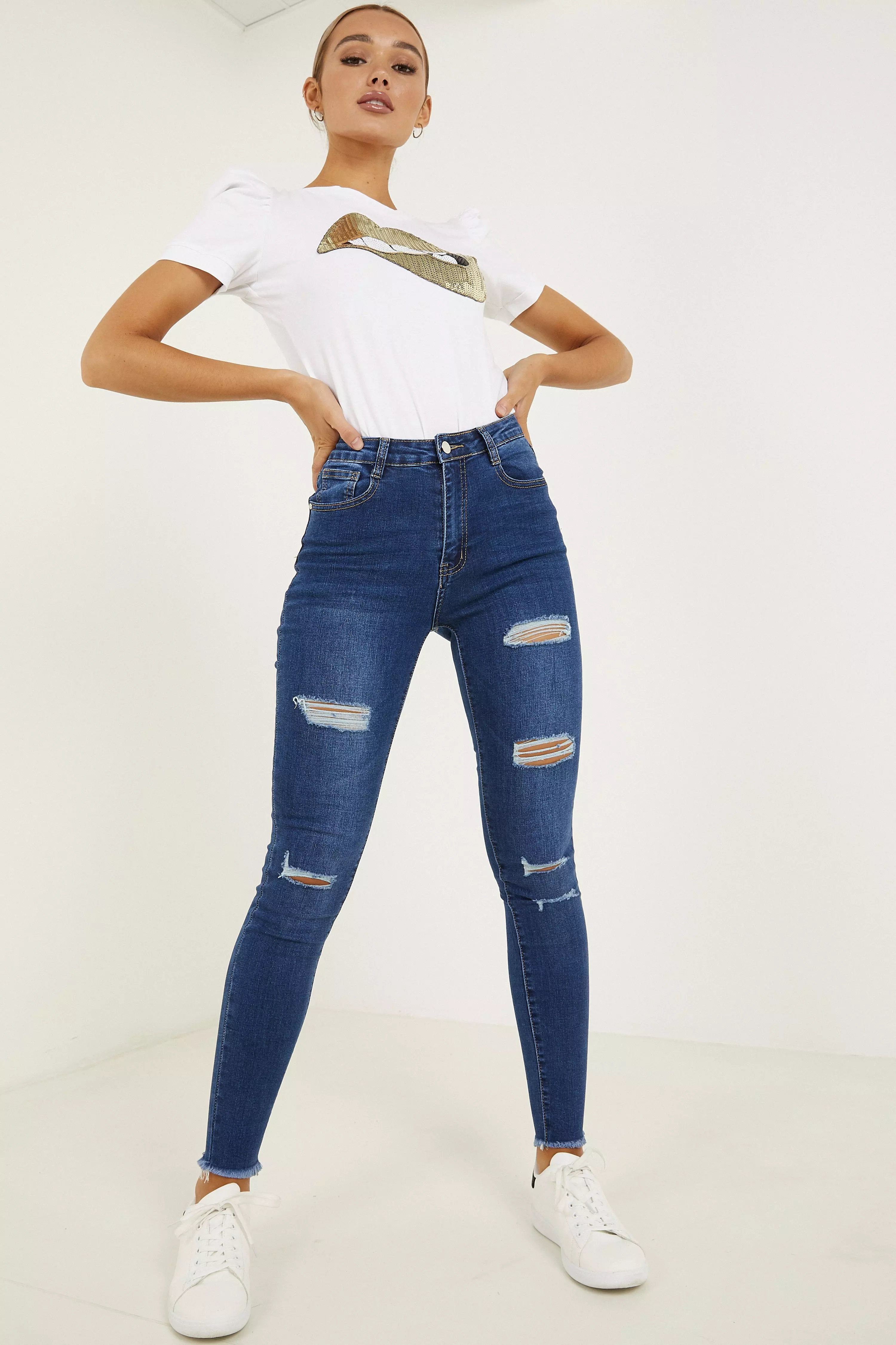 Blue Ripped Skinny Jeans - Quiz Clothing