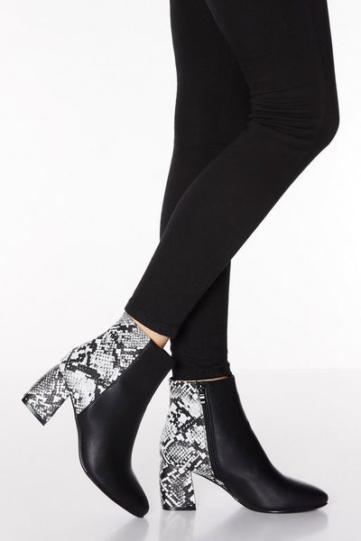 Black Faux Leather Snake Print Heel Ankle Boots