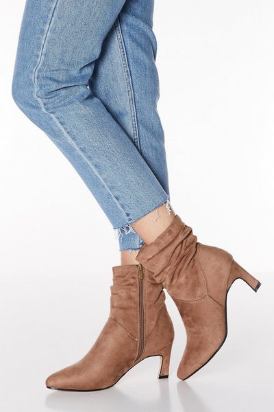 Taupe Faux Suede Ruched Point Toe Boots