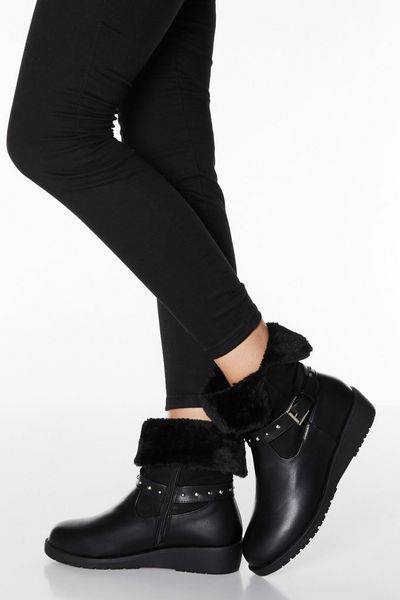 Black Faux Leather Stud Strap Wedge Boots