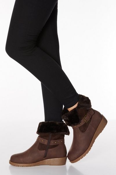 Brown Faux Leather Stud Strap Wedge Boots
