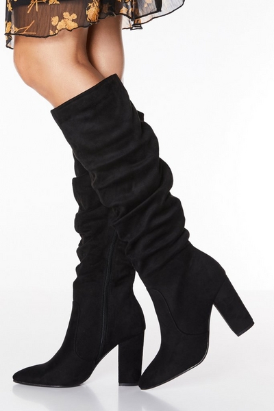 Black Faux Suede Ruched Knee High Boots