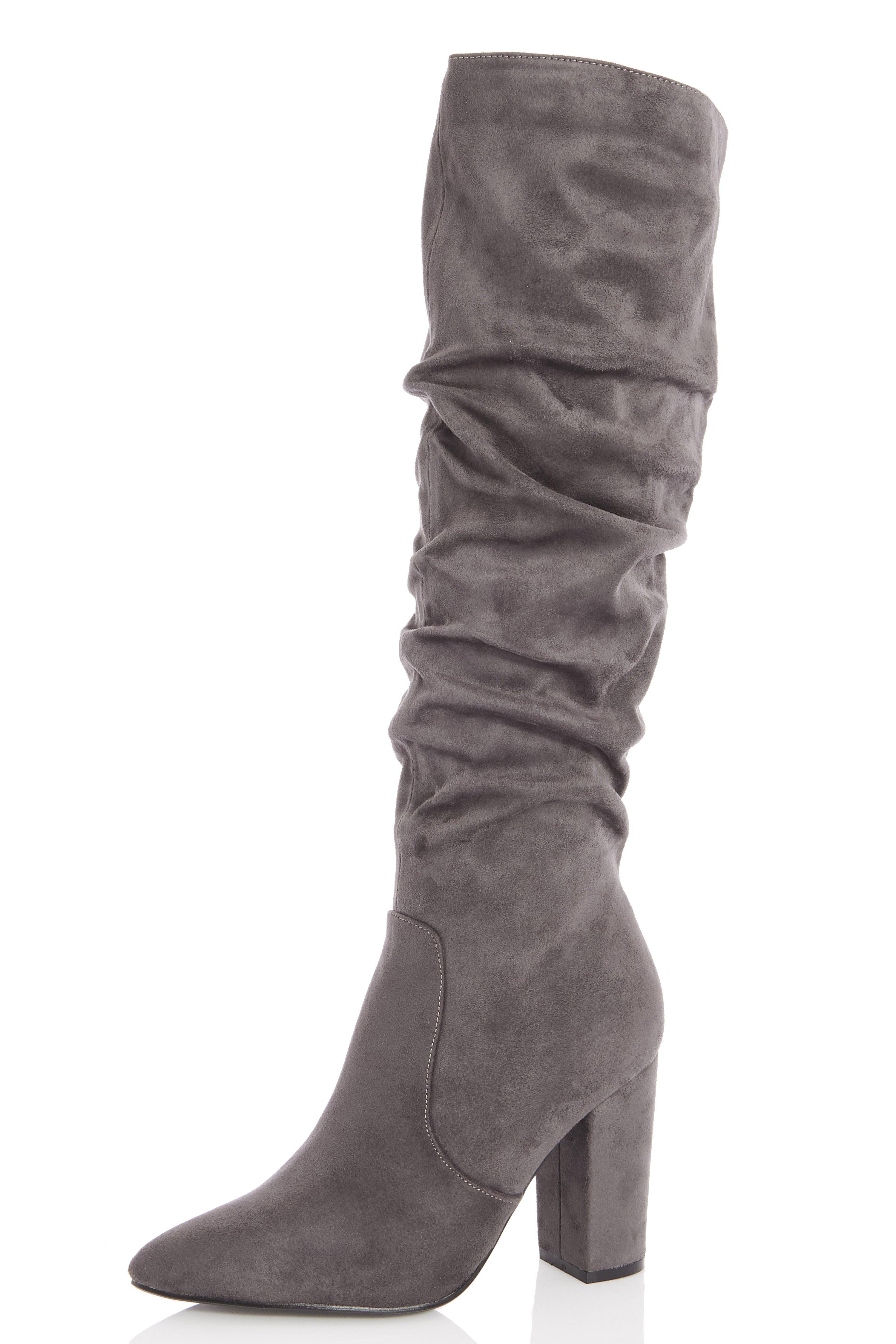Grey Faux Suede Ruched Knee High Boots - Quiz Clothing