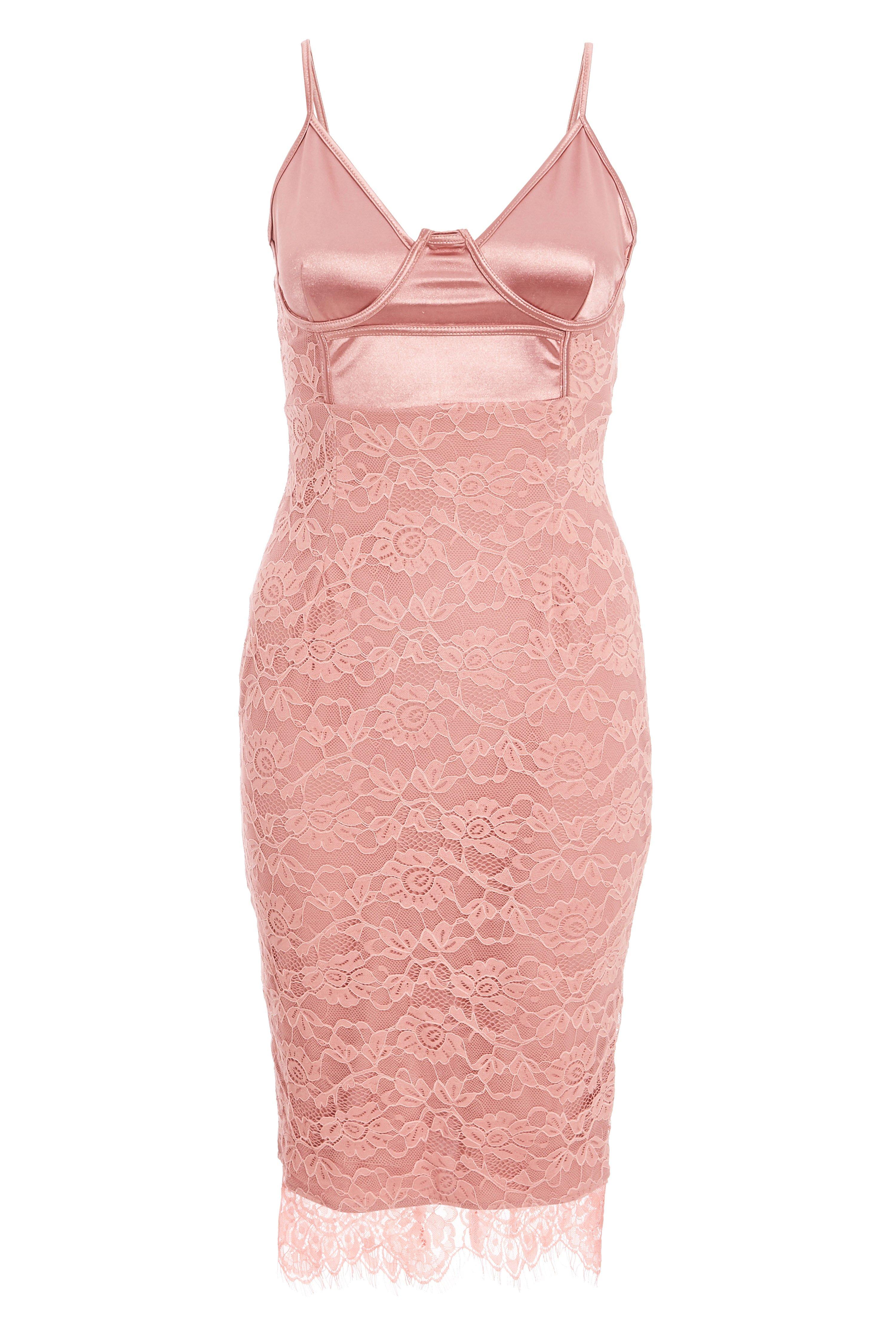Dusky Pink Satin Lace Strappy Midi Dress - Quiz Clothing