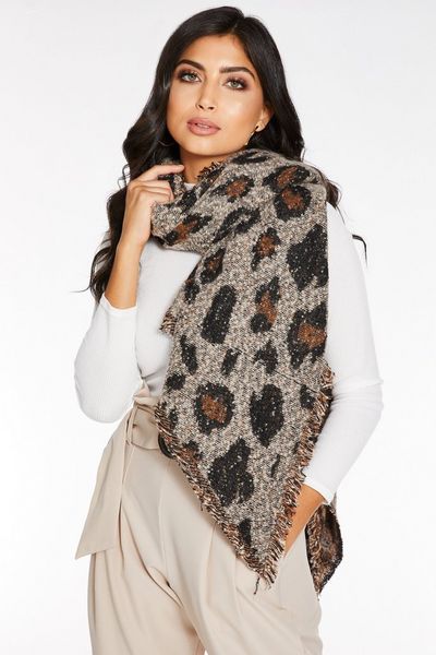 Brown Leopard Print Sequin Knit Scarf