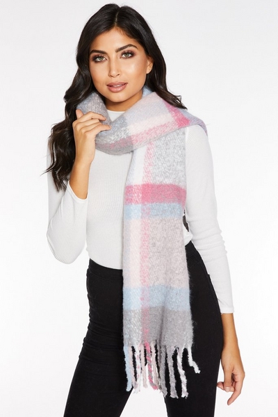 Pink and Blue Check Knit Scarf