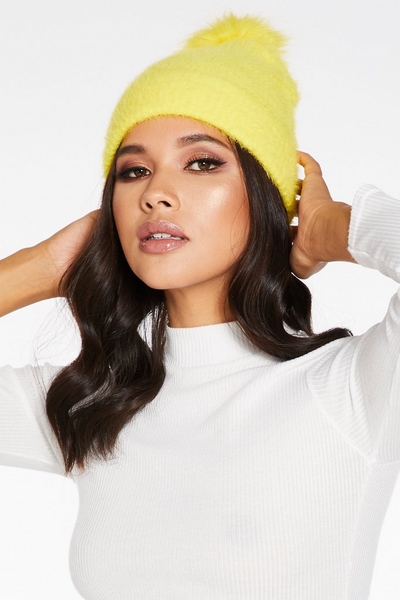 Yellow Brushed Pom Knit Hat