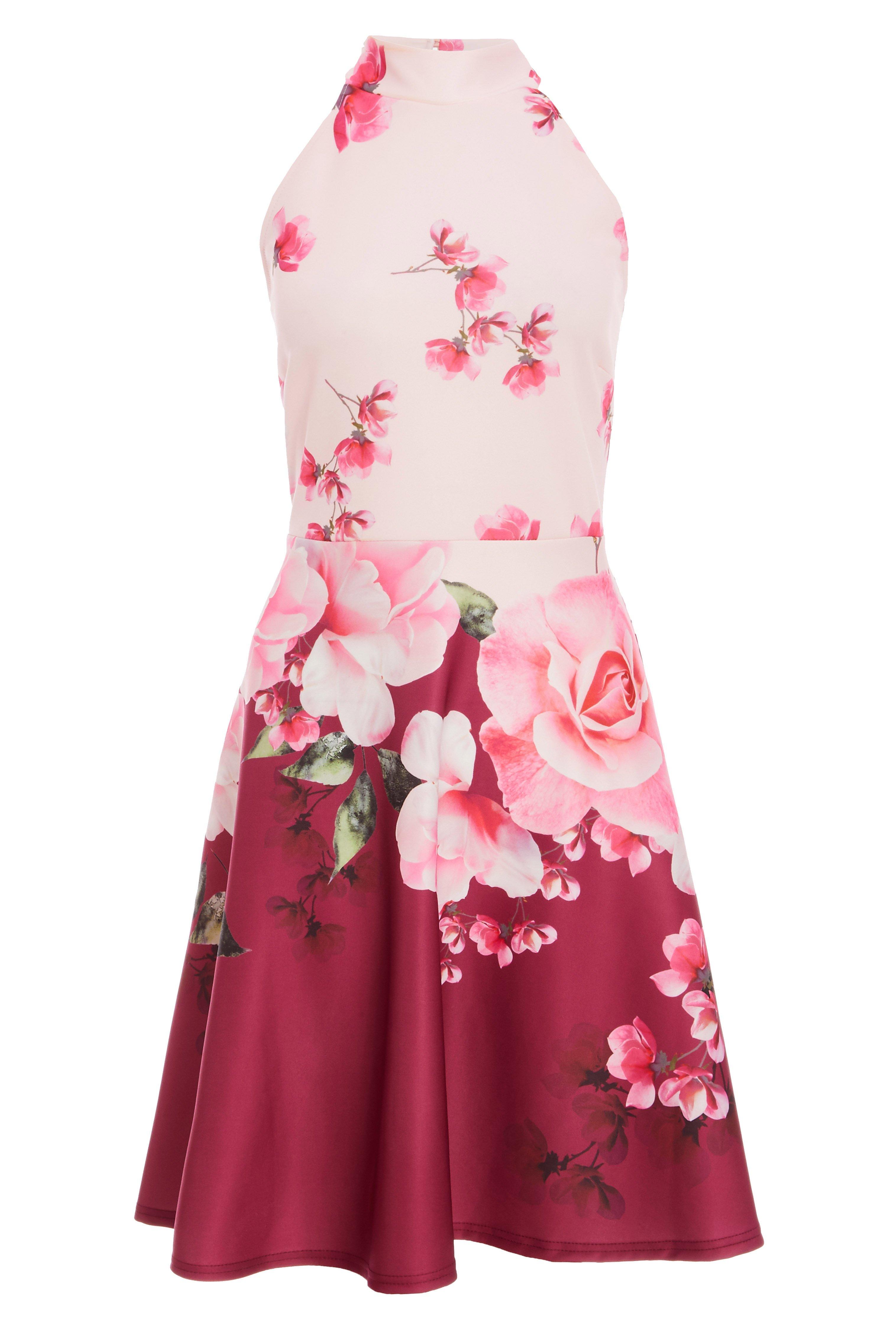 Pink And Berry Floral Halterneck Skater Dress Quiz Clothing