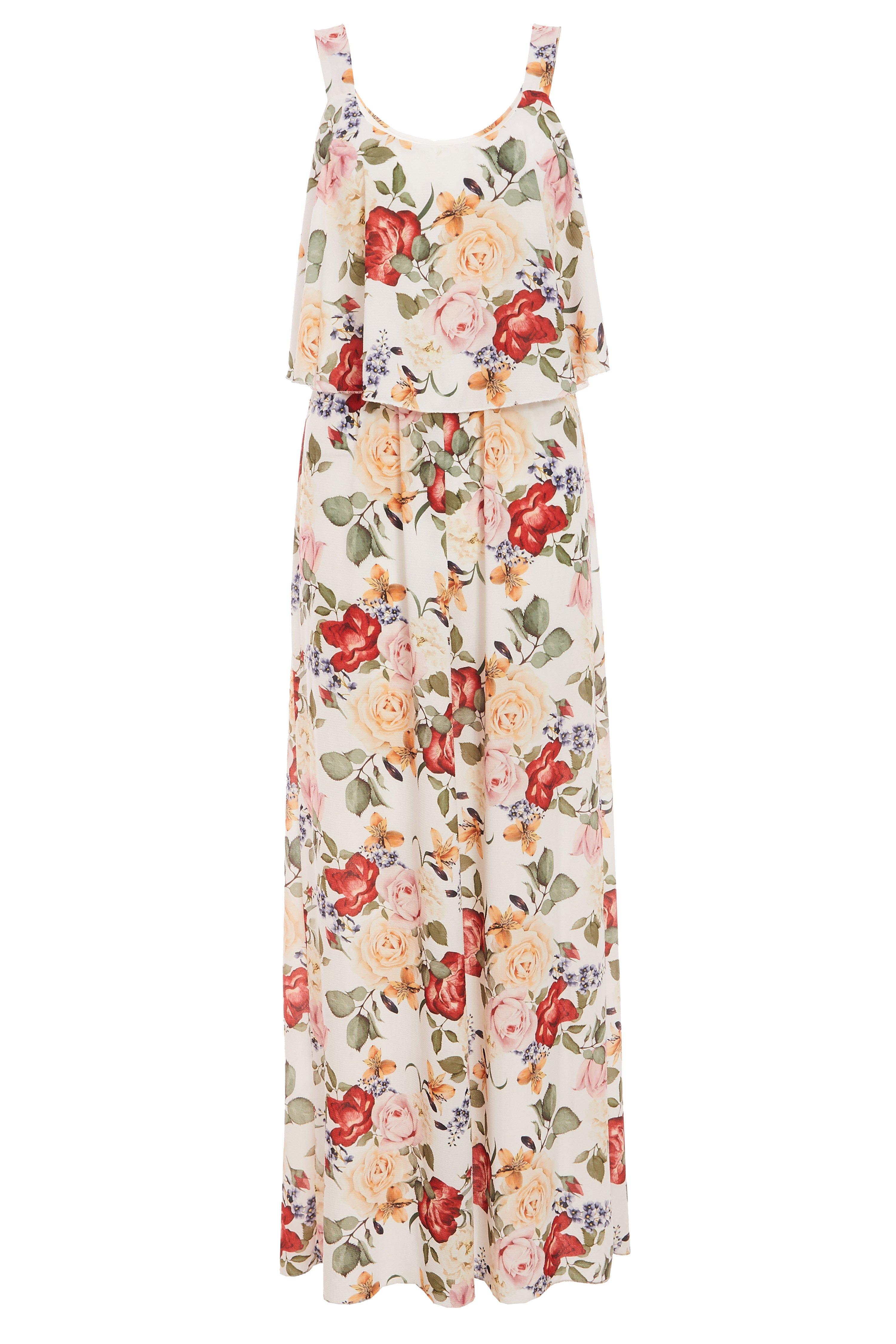 Cream and Red Floral Print Maxi Dress - Quiz Clothing