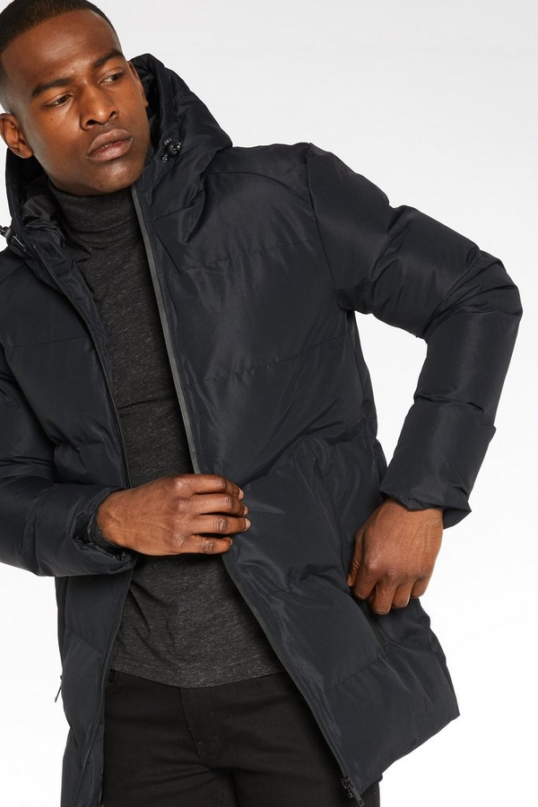 Long Lined Hooded Parka with Matte Finish in Black
