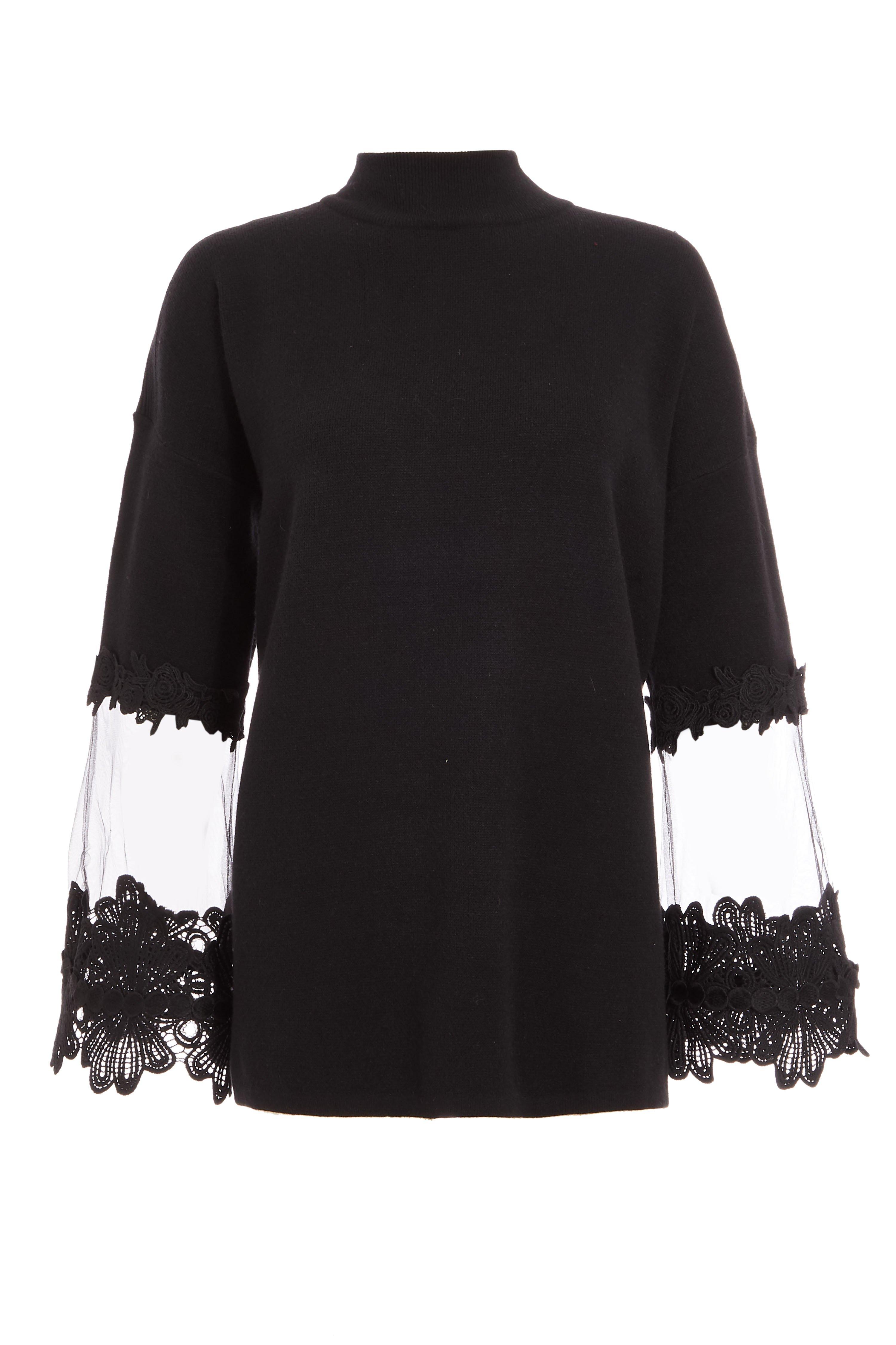 Black Knitted Crochet and Mesh Jumper - Quiz Clothing