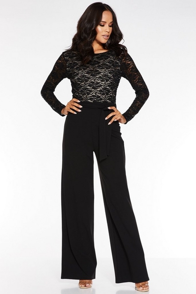 Black and Stone Lace V Back Palazzo Jumpsuit
