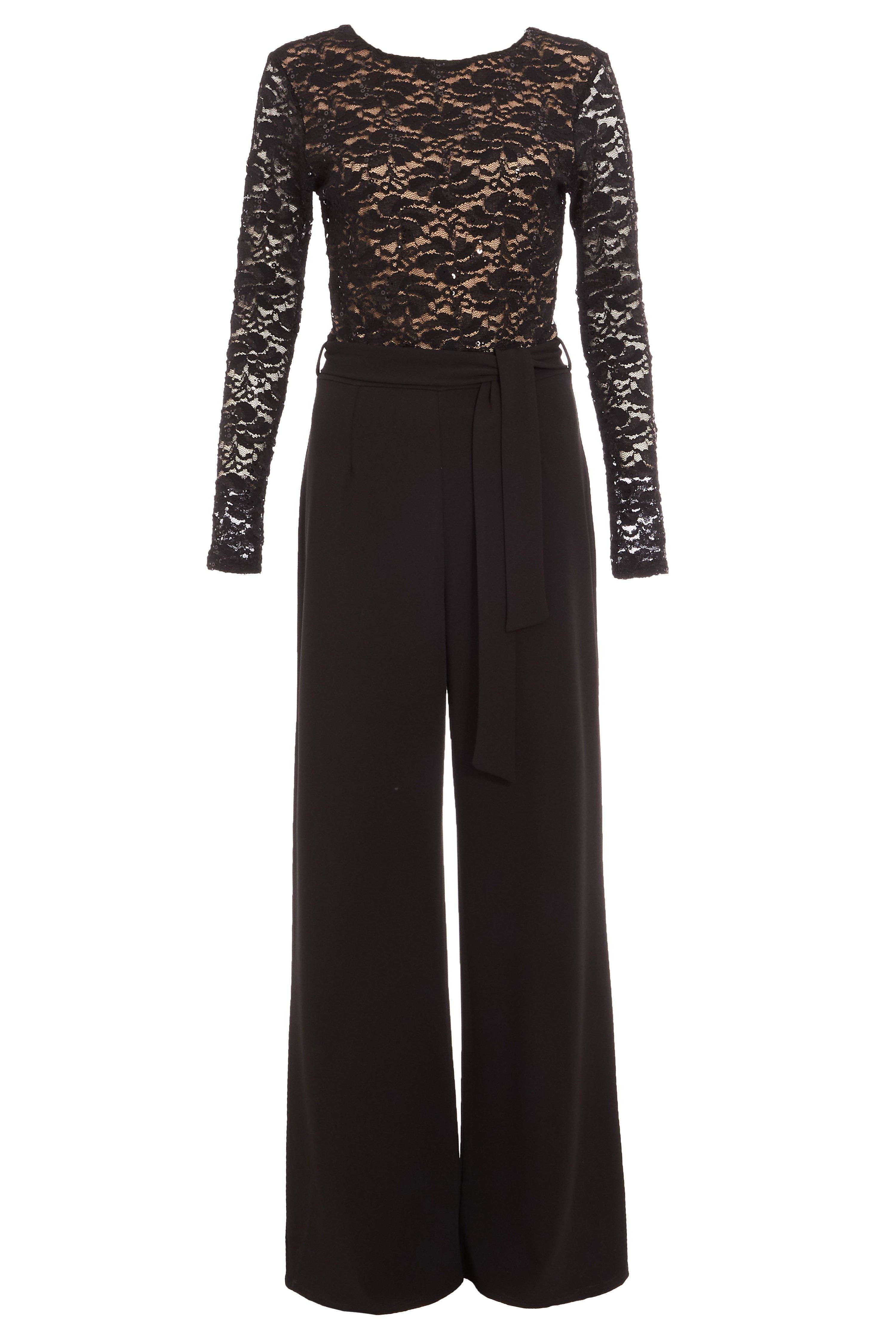 Black and Stone Lace V Back Palazzo Jumpsuit - Quiz Clothing