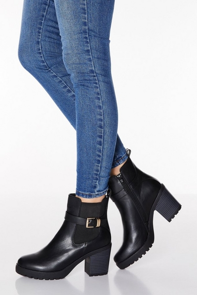 Black Faux Leather Buckle Chunky Heel Boots
