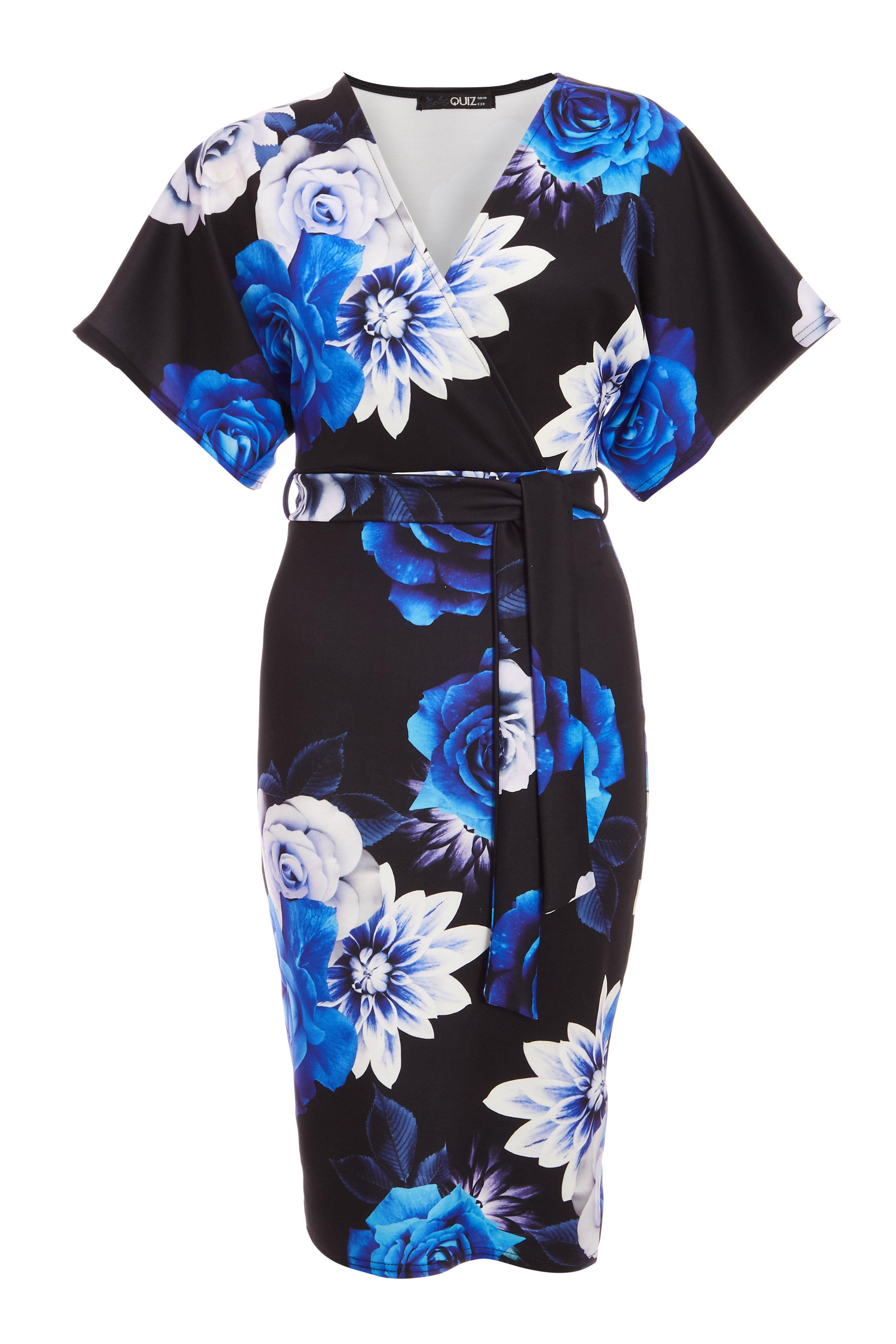 Black and Royal Blue Floral Wrap Batwing Midi Dress - Quiz Clothing