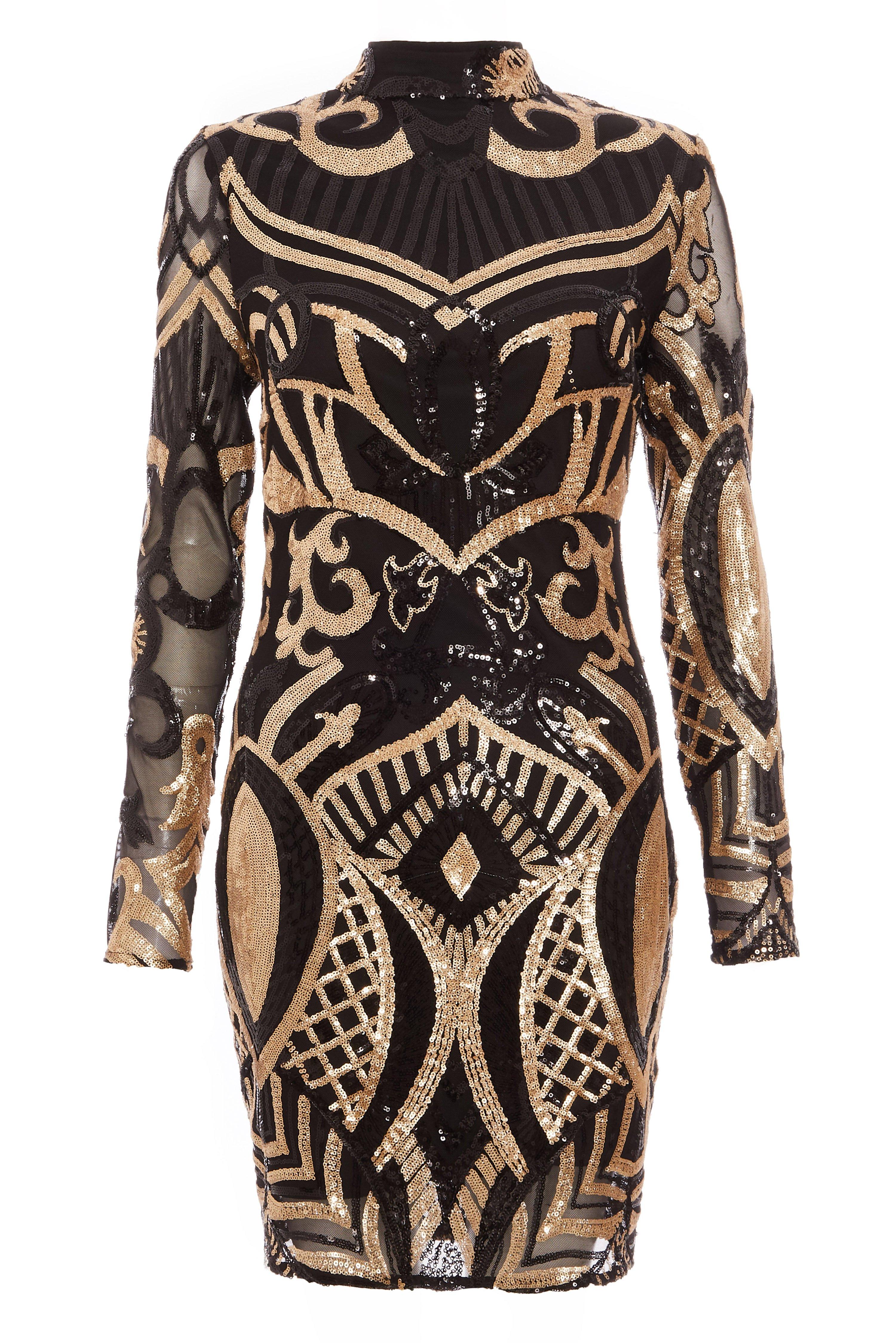 Black and Gold Sequin Turtle Neck Bodycon Dress - Quiz Clothing