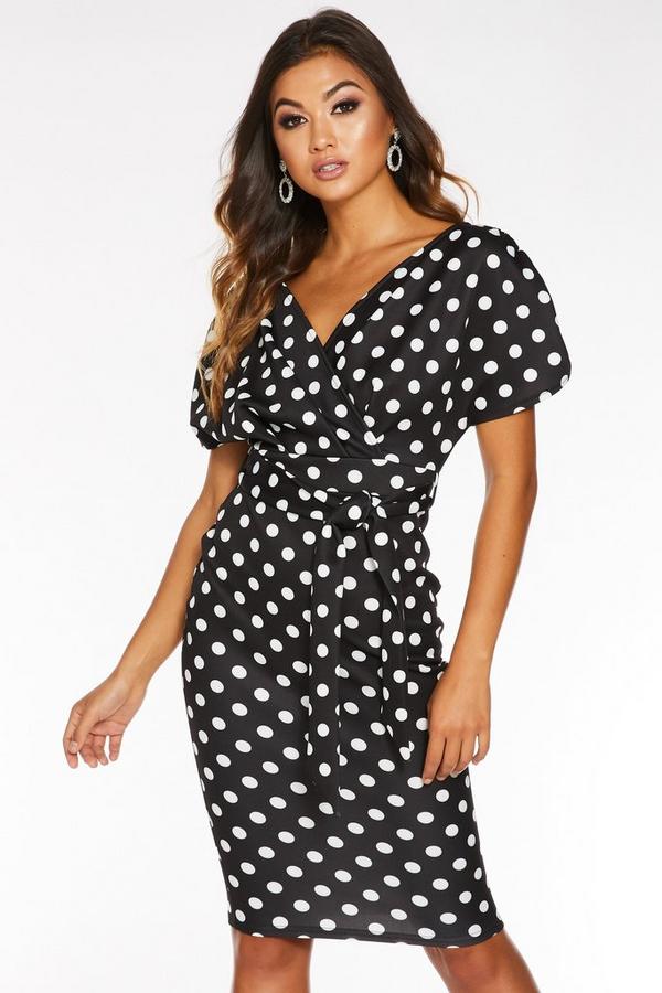 Black and White Polka Dot Wrap Midi Dress - Quiz Clothing