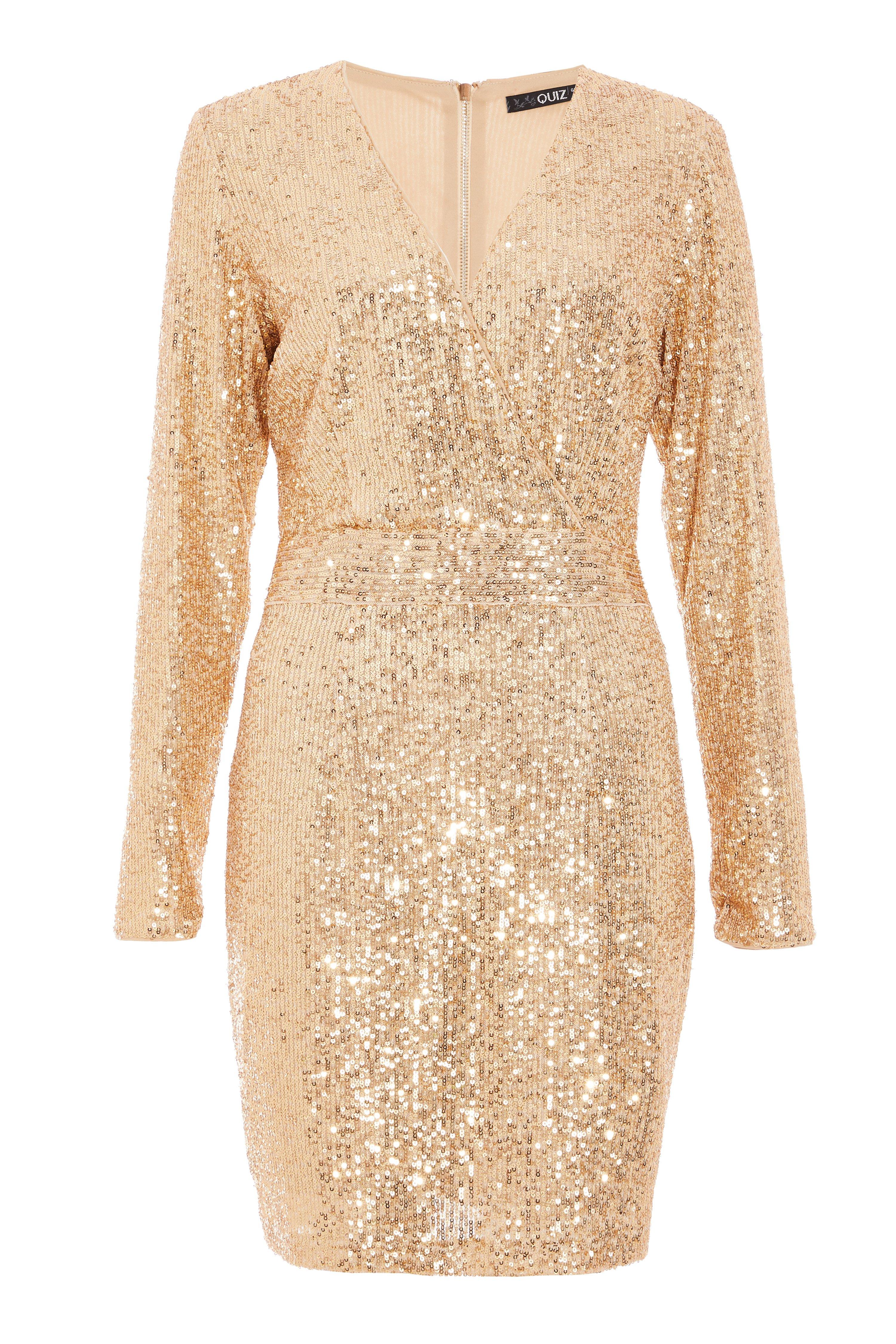 quiz long gold sequin dress