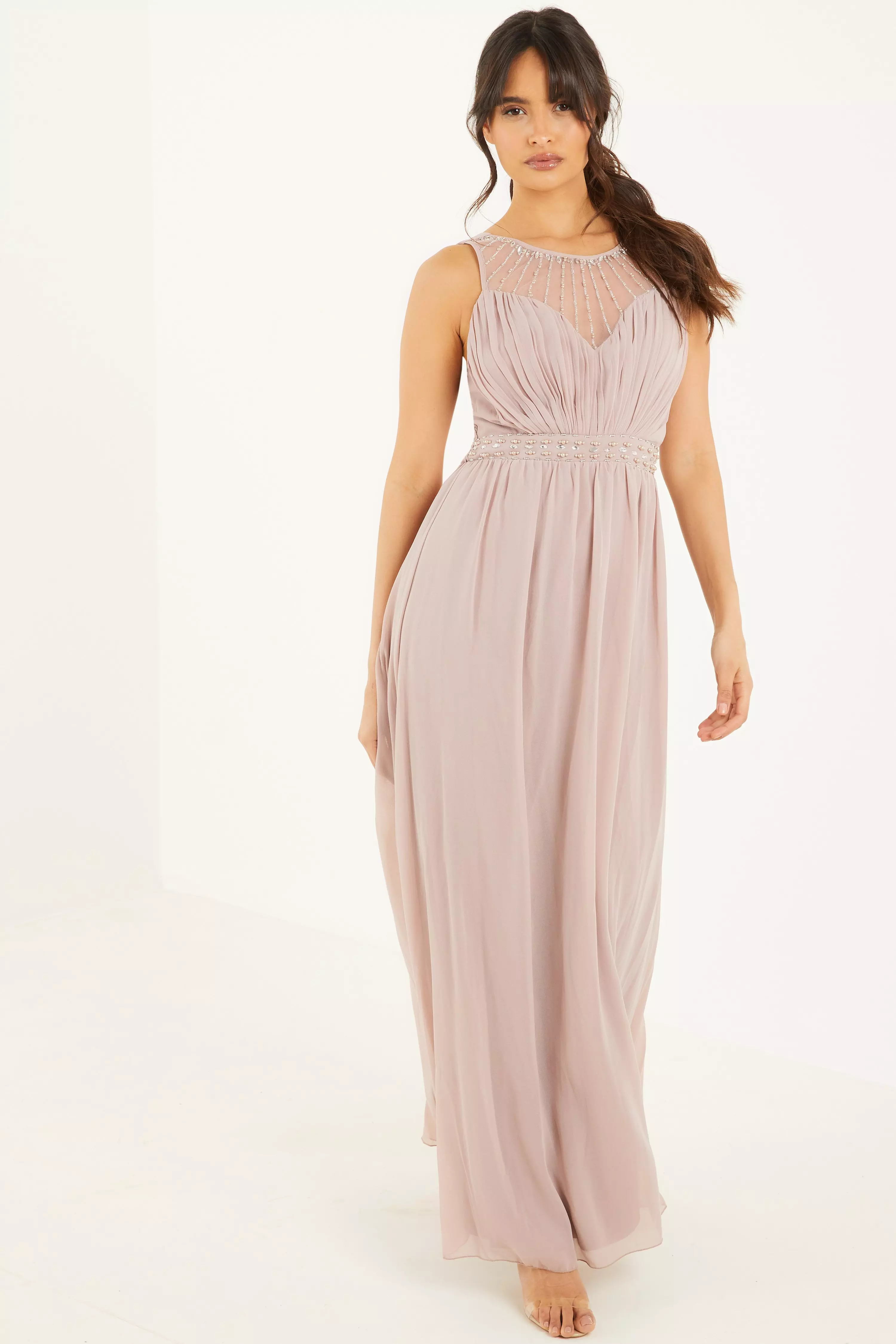 quiz pink chiffon embellished maxi dress