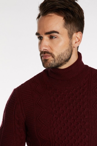 Cable Knit Roll Neck Jumper In Wine