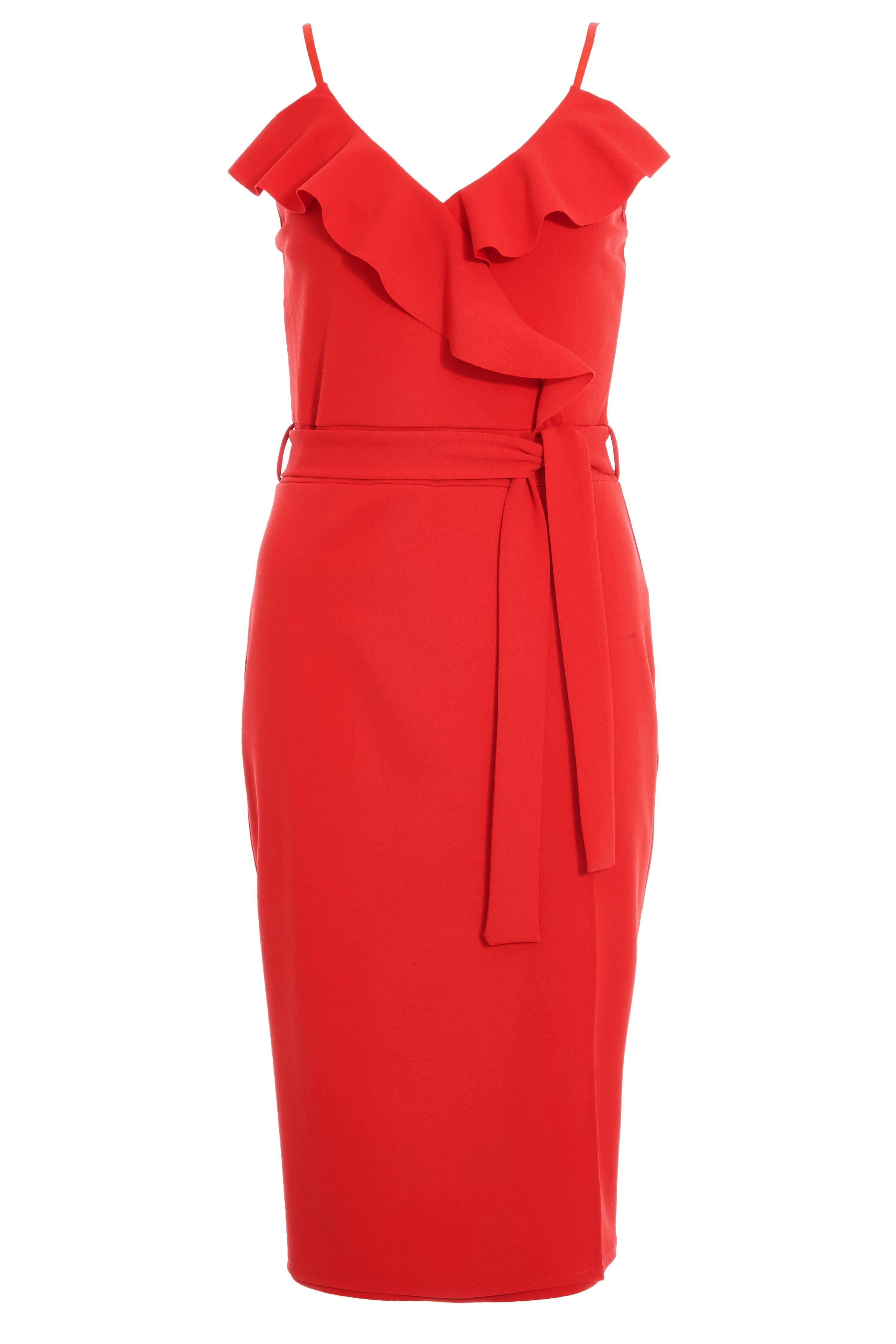 Red Frill Tie Belt Midi Dress - Quiz Clothing