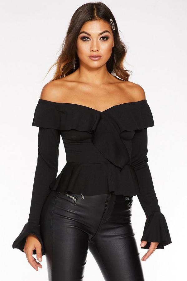 Black Bardot Frill Long Sleeve Top - Quiz Clothing