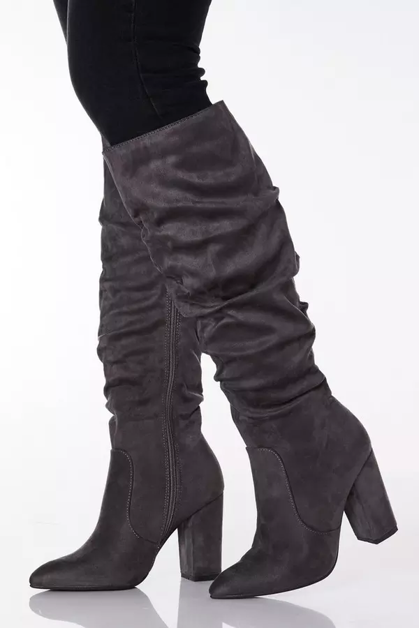 buying cheap exquisite design on feet shots of Wide Fit Grey Faux Suede Ruched Knee High Boots - Quiz Clothing buying cheap exquisite design on feet shots of Wide Fit Grey Faux Suede Ruched Knee High Boots - Quiz Clothing