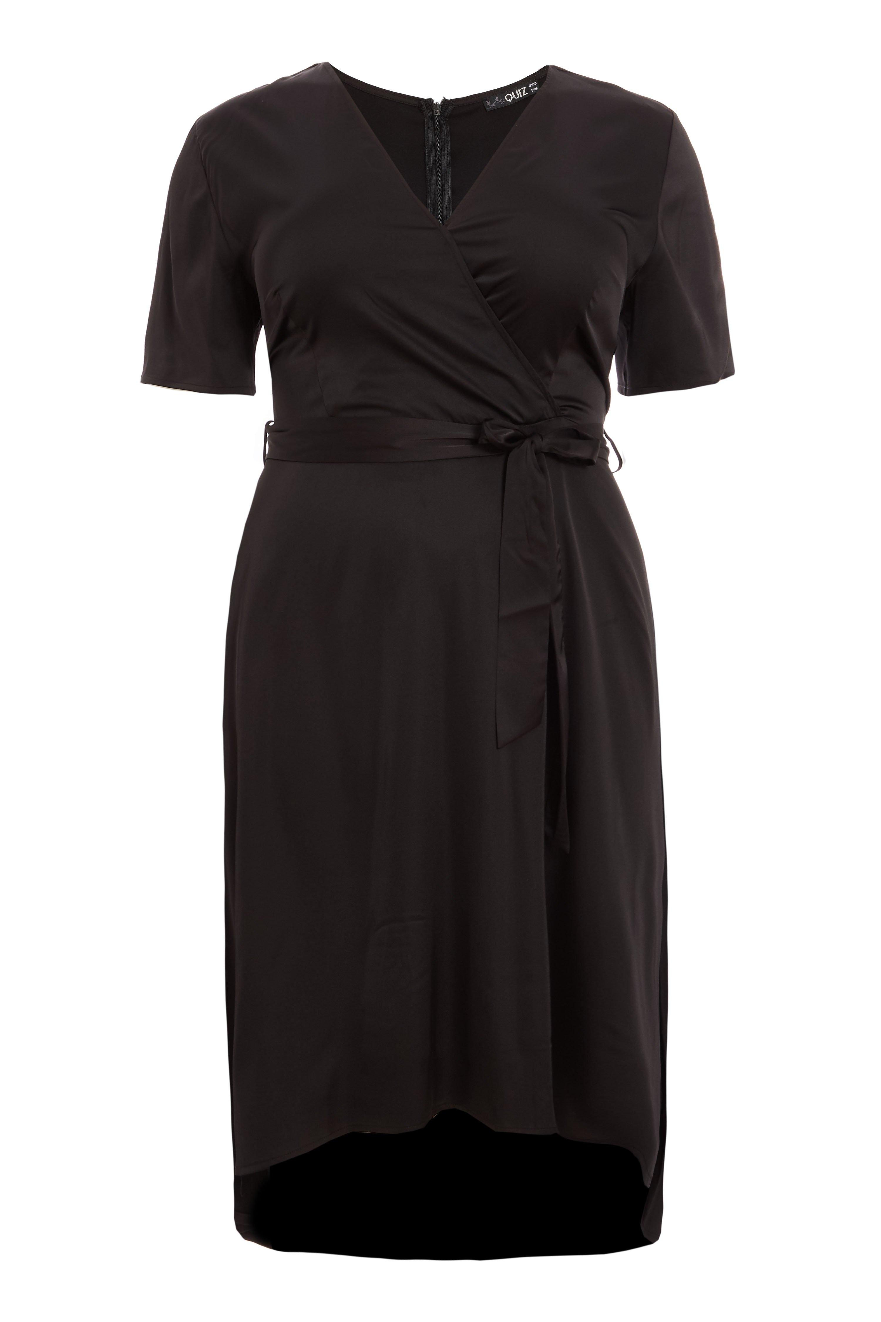 Curve Black Satin Wrap Dip Hem Dress - Quiz Clothing