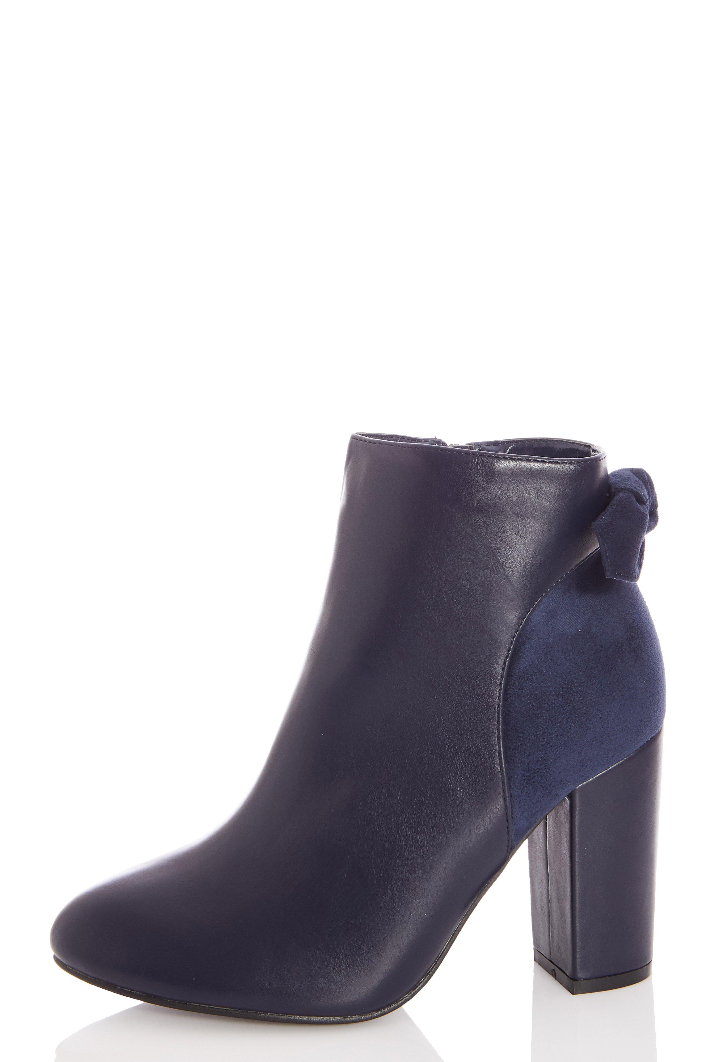 Wide Fit Navy Faux Leather Bow Heeled Ankle Boots - Quiz Clothing