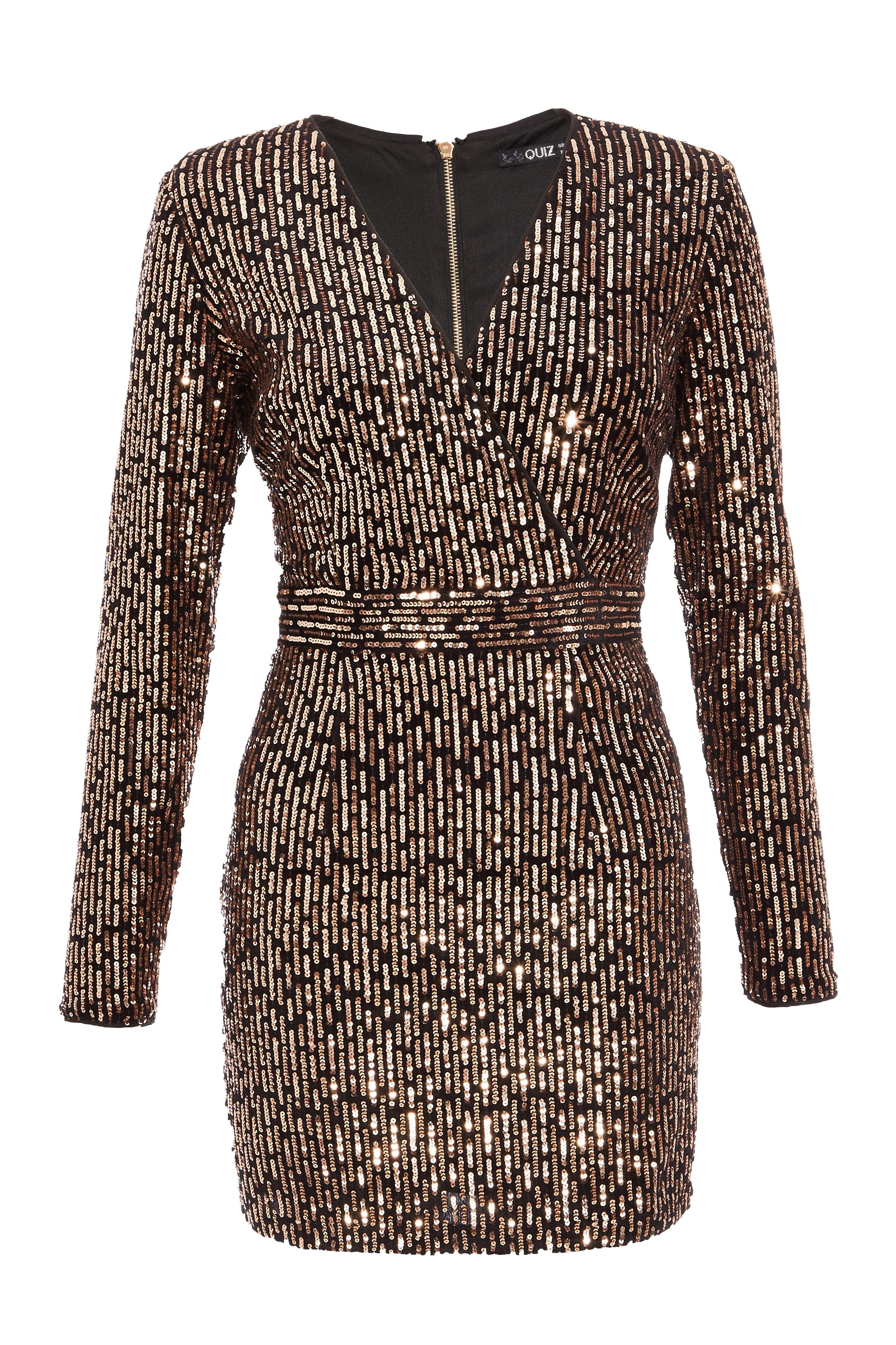 Sam Faiers Petite Black and Rose Gold Velvet Sequin Dress - Quiz Clothing
