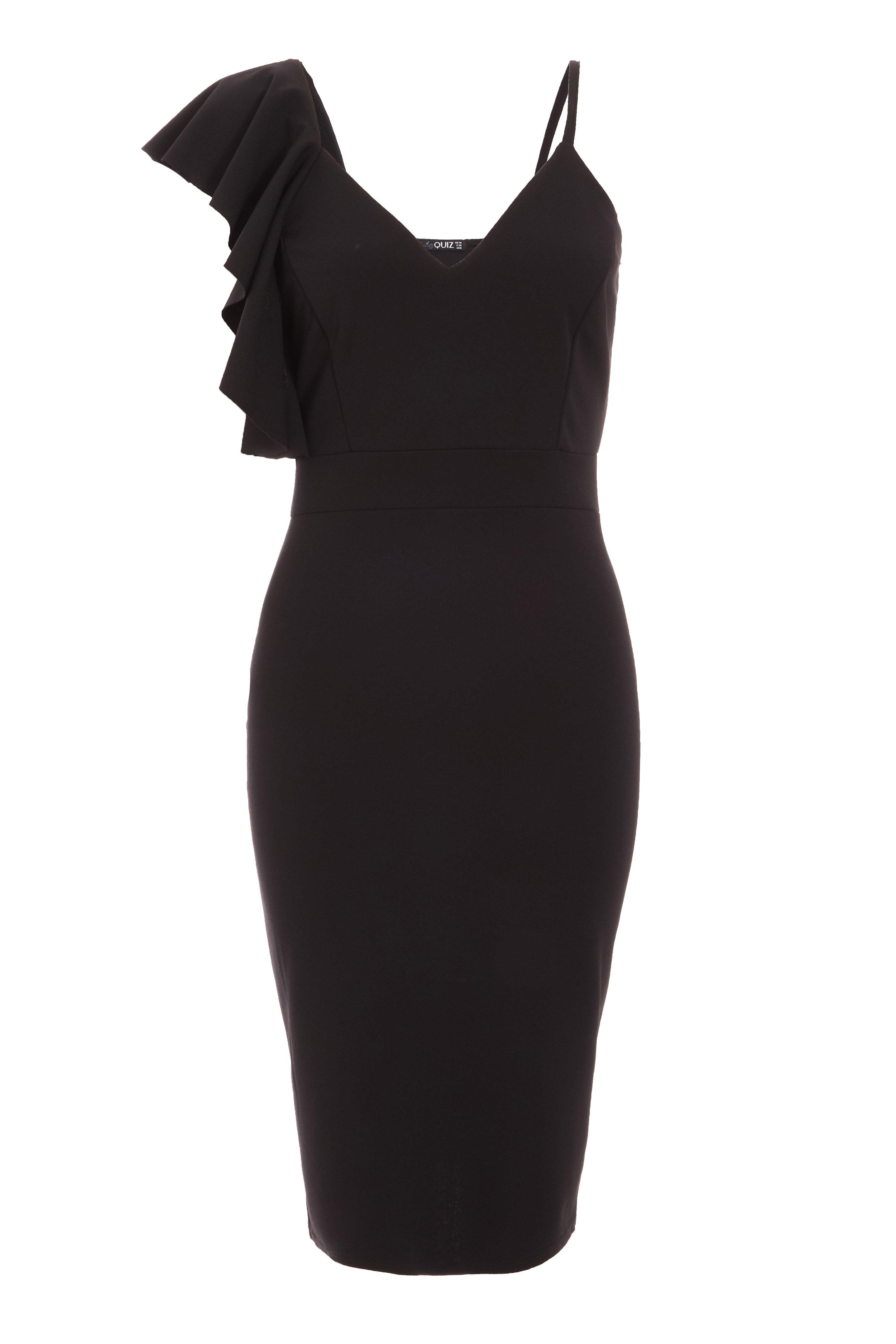 Black Frill Strap V Neck Midi Dress - Quiz Clothing