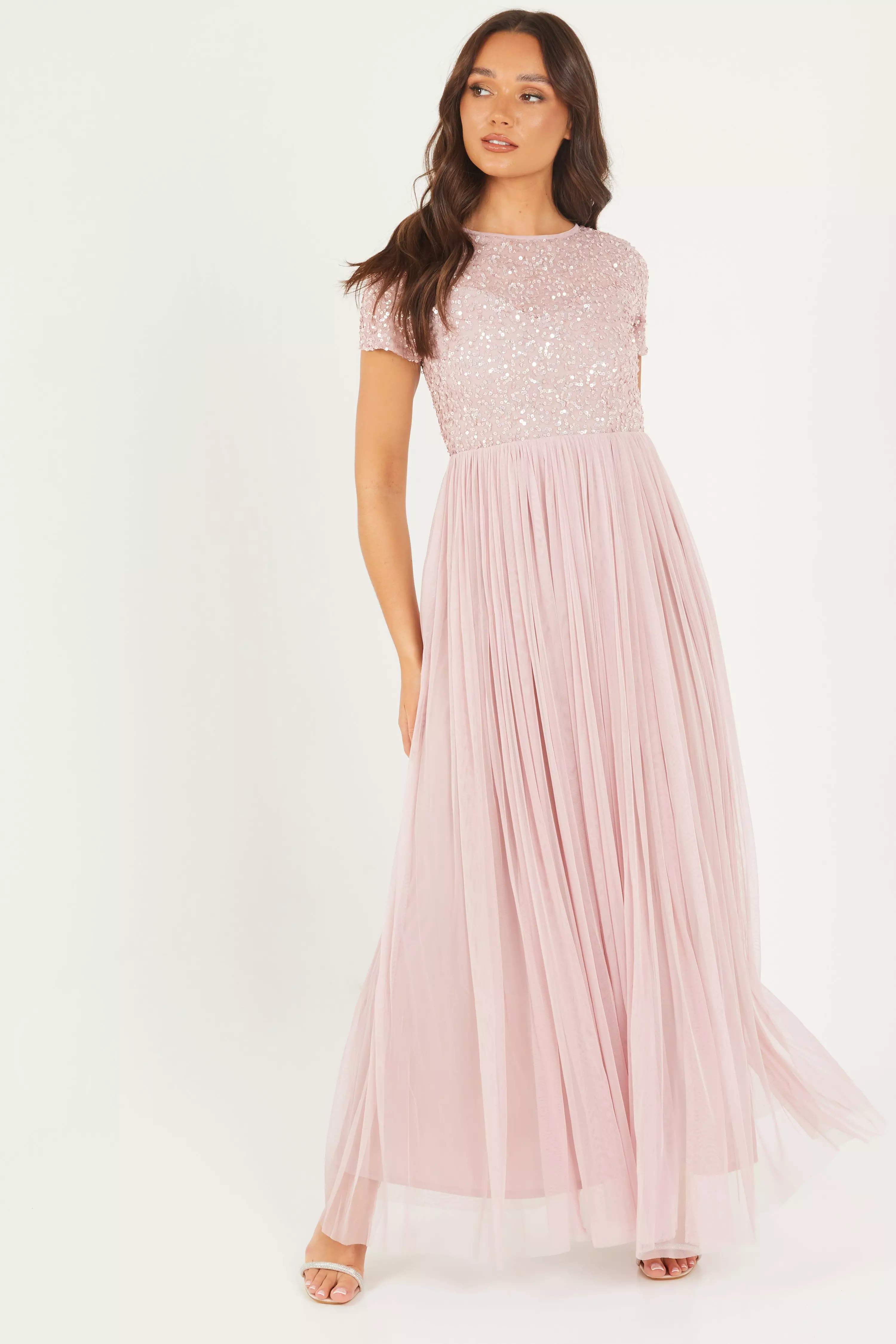 quiz pink chiffon embellished maxi dress