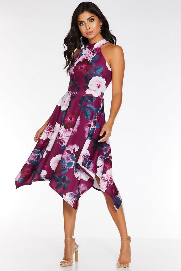 Berry and Teal Floral Print Hanky Hem Dress - Quiz Clothing