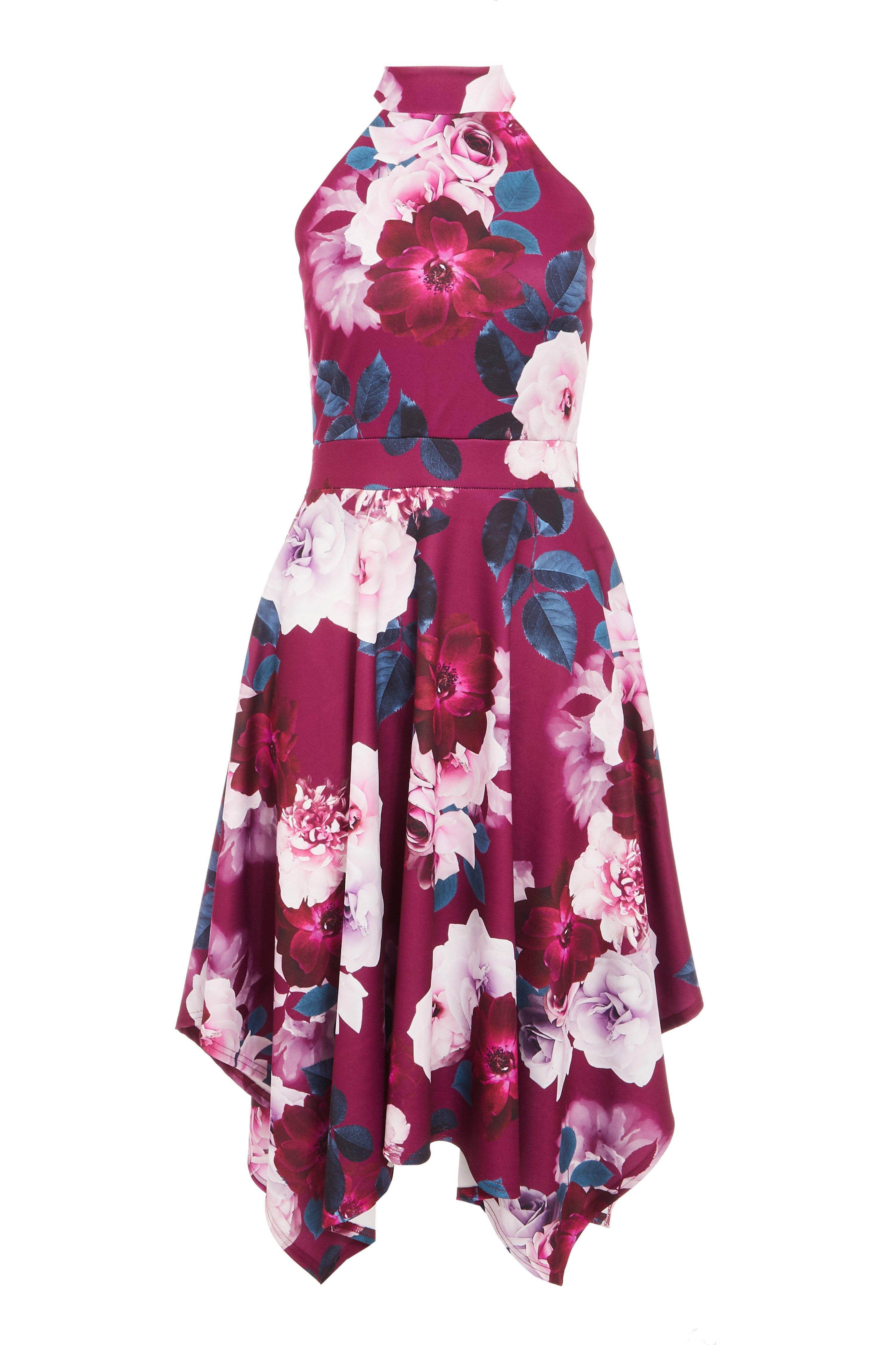 Berry and Teal Floral Print Hanky Hem Dress - Quiz Clothing
