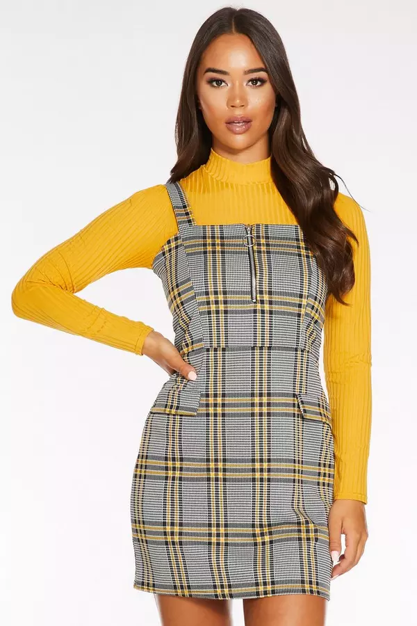 Black And Yellow Check Zip Front Pinafore Dress Quiz Clothing