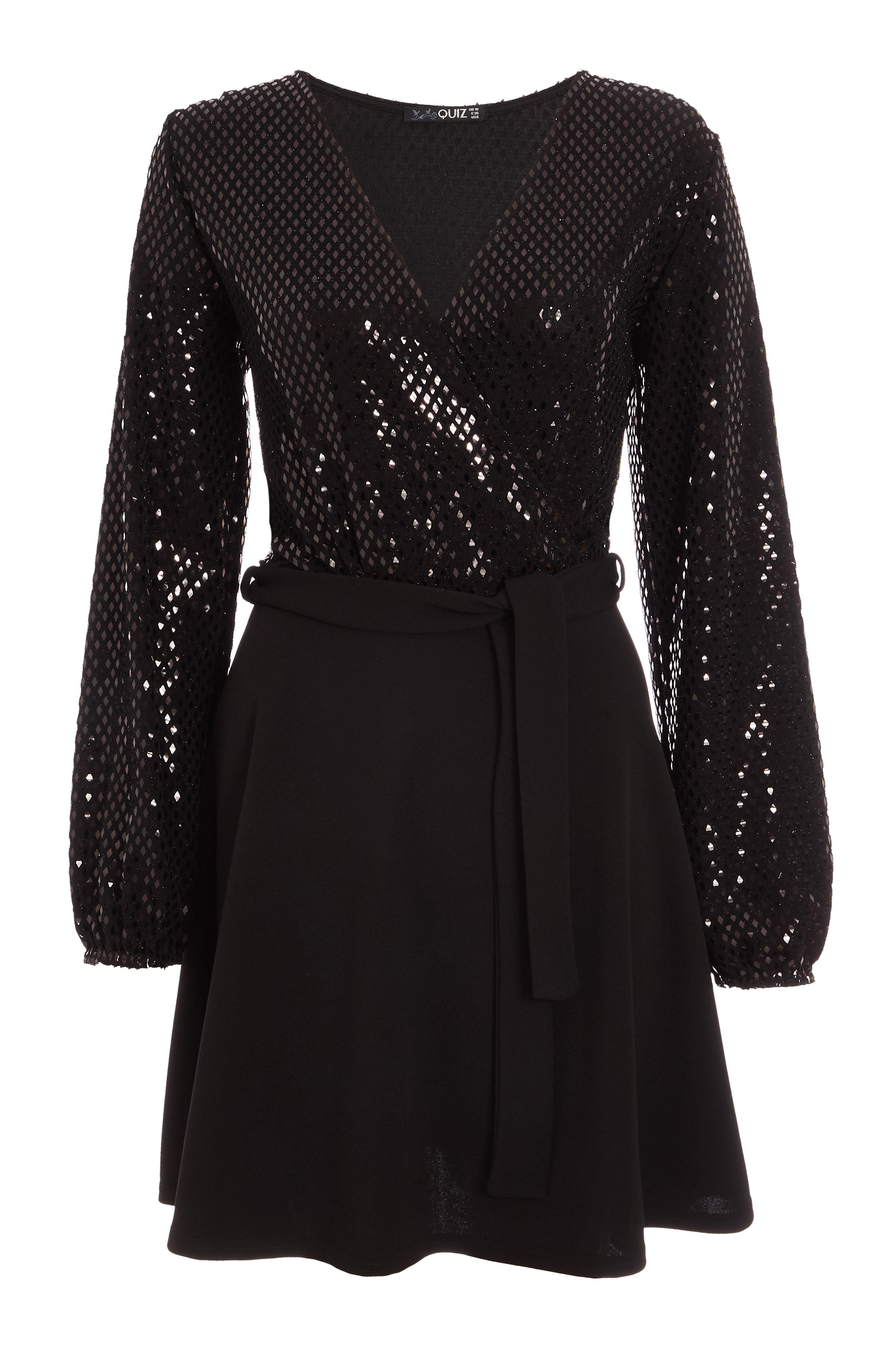 Black Sequin Wrap Long Sleeve Skater Dress - Quiz Clothing