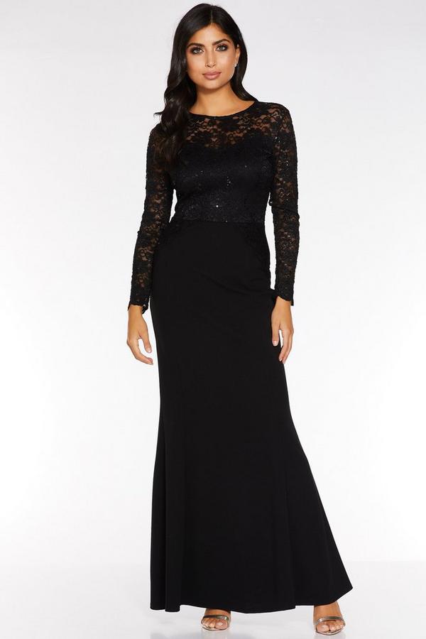Black Sequin Lace Long Sleeve Maxi Dress - Quiz Clothing