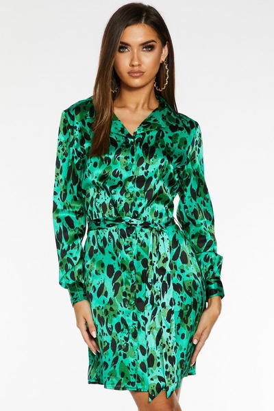 Green Satin Leopard Print Belted Shirt Dress