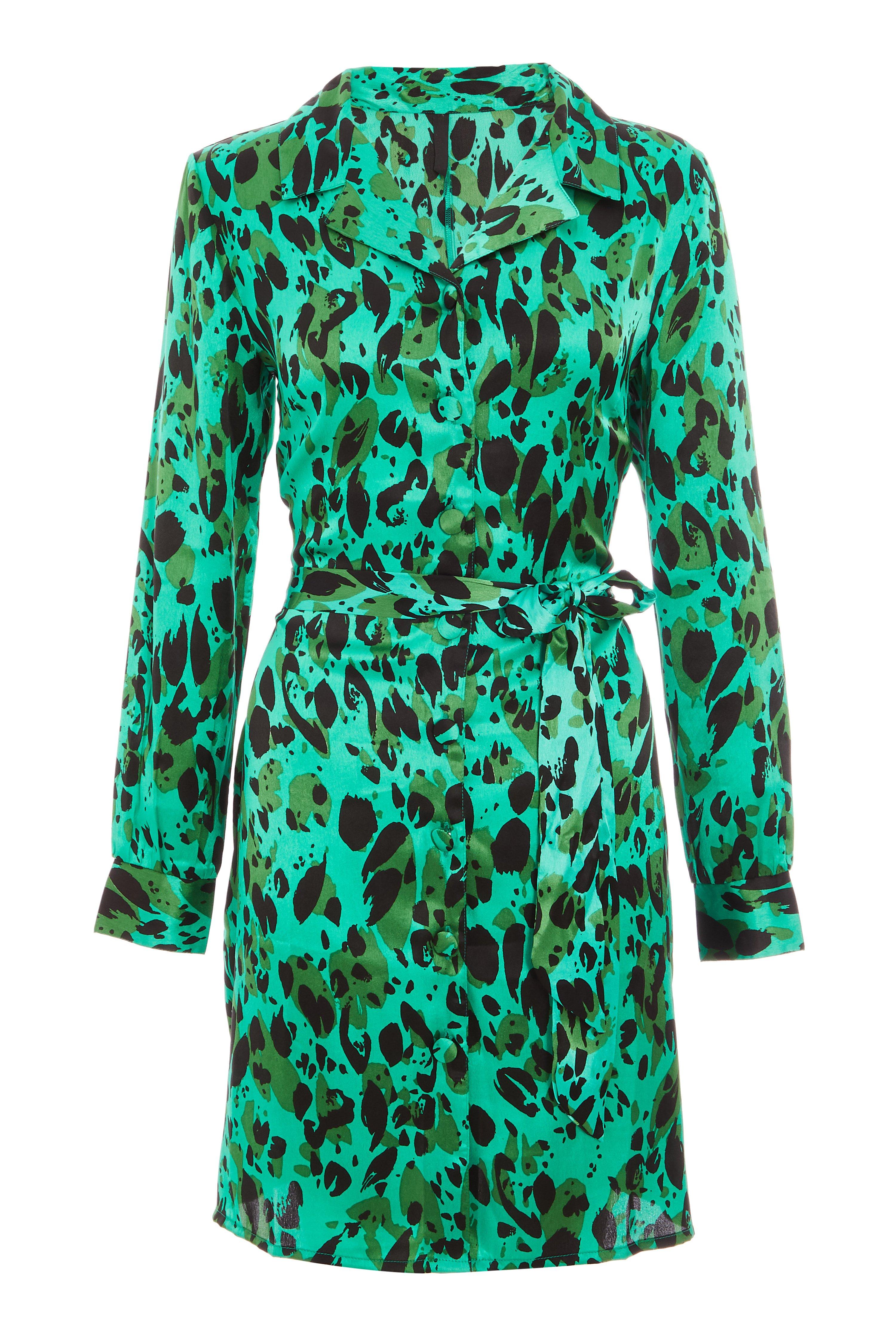 Green Satin Leopard Print Belted Shirt Dress - Quiz Clothing