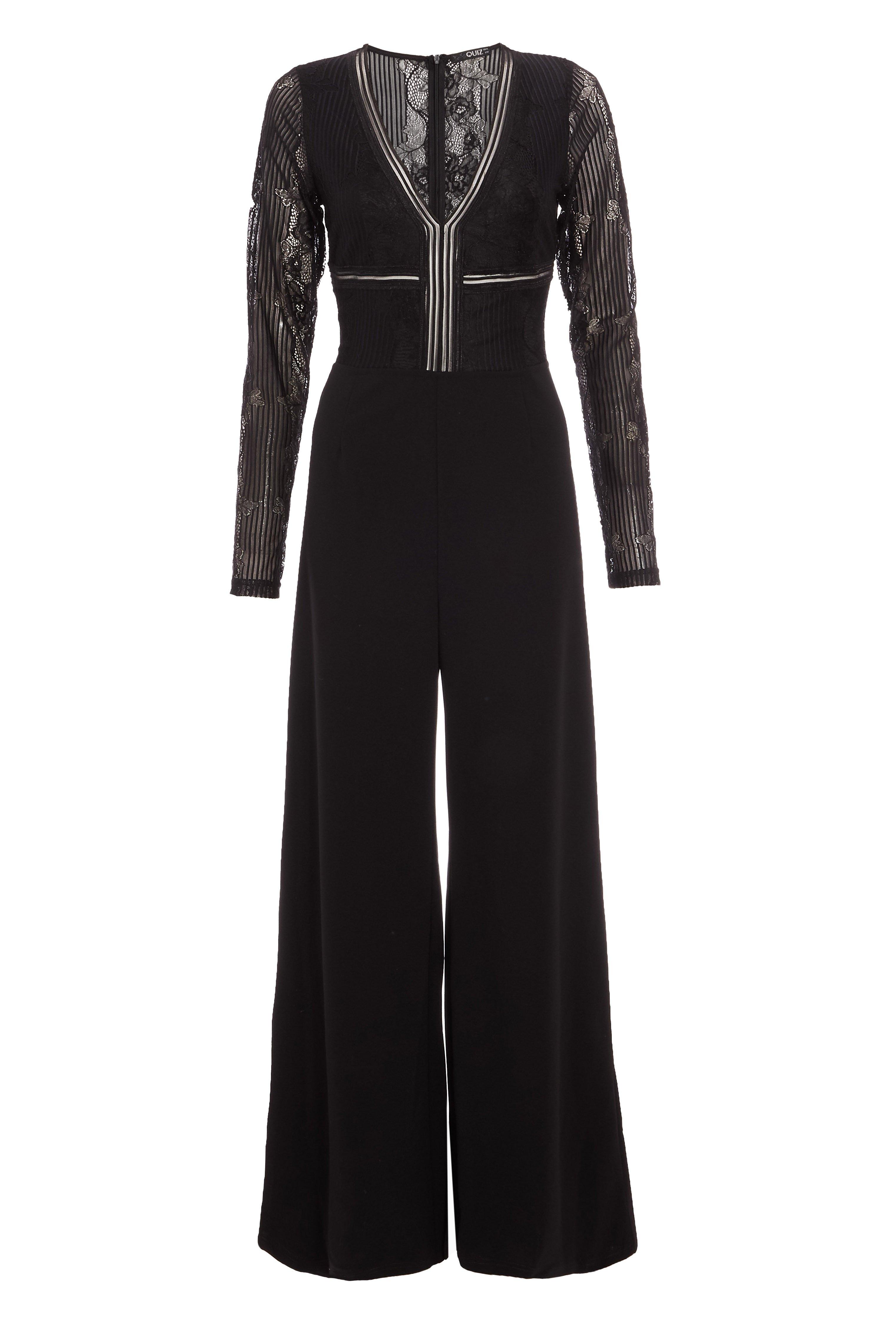 Black Lace V Neck Palazzo Jumpsuit - Quiz Clothing