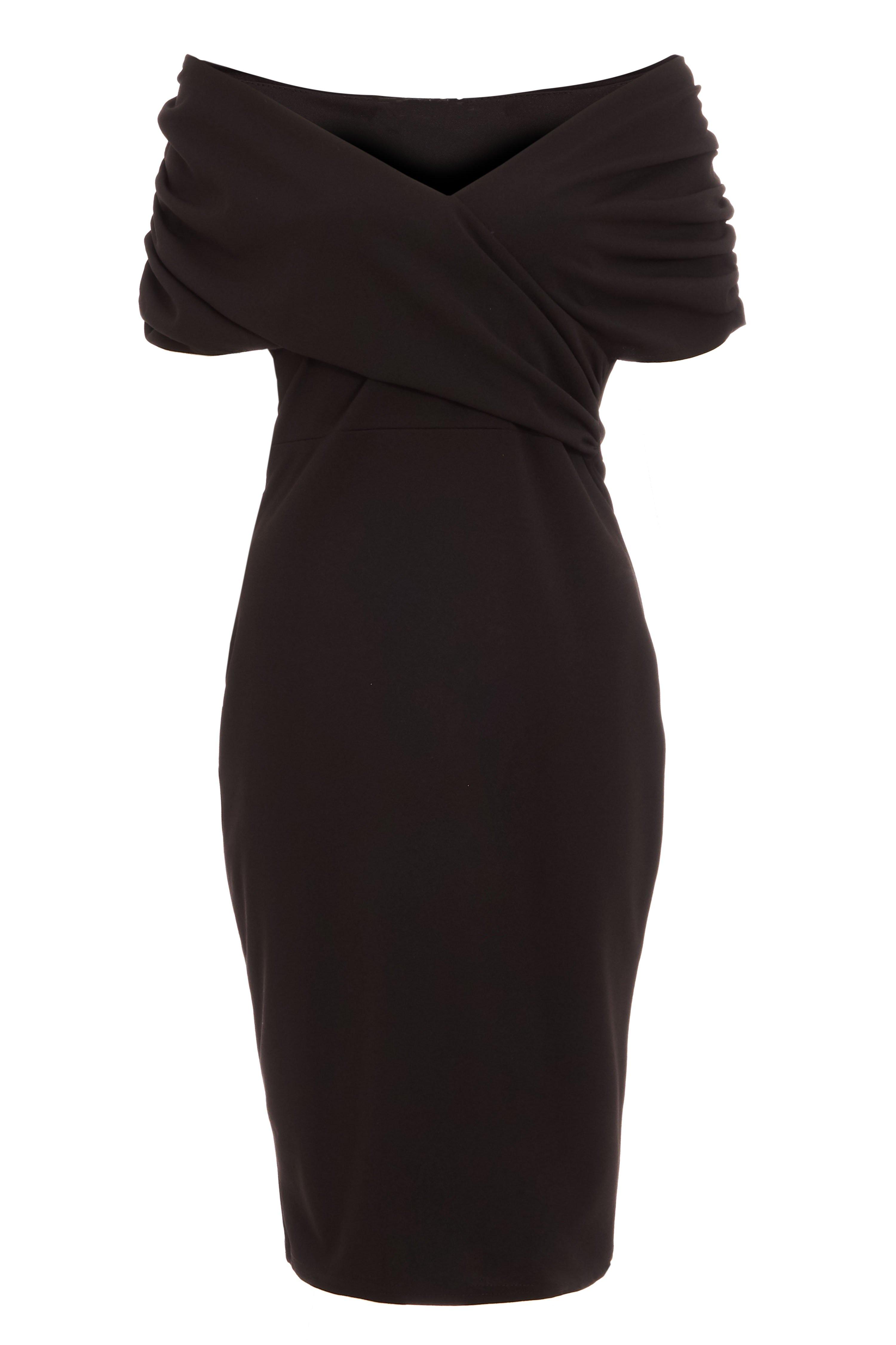 Black Wrap Bardot Ruched Sleeve Midi Dress - Quiz Clothing