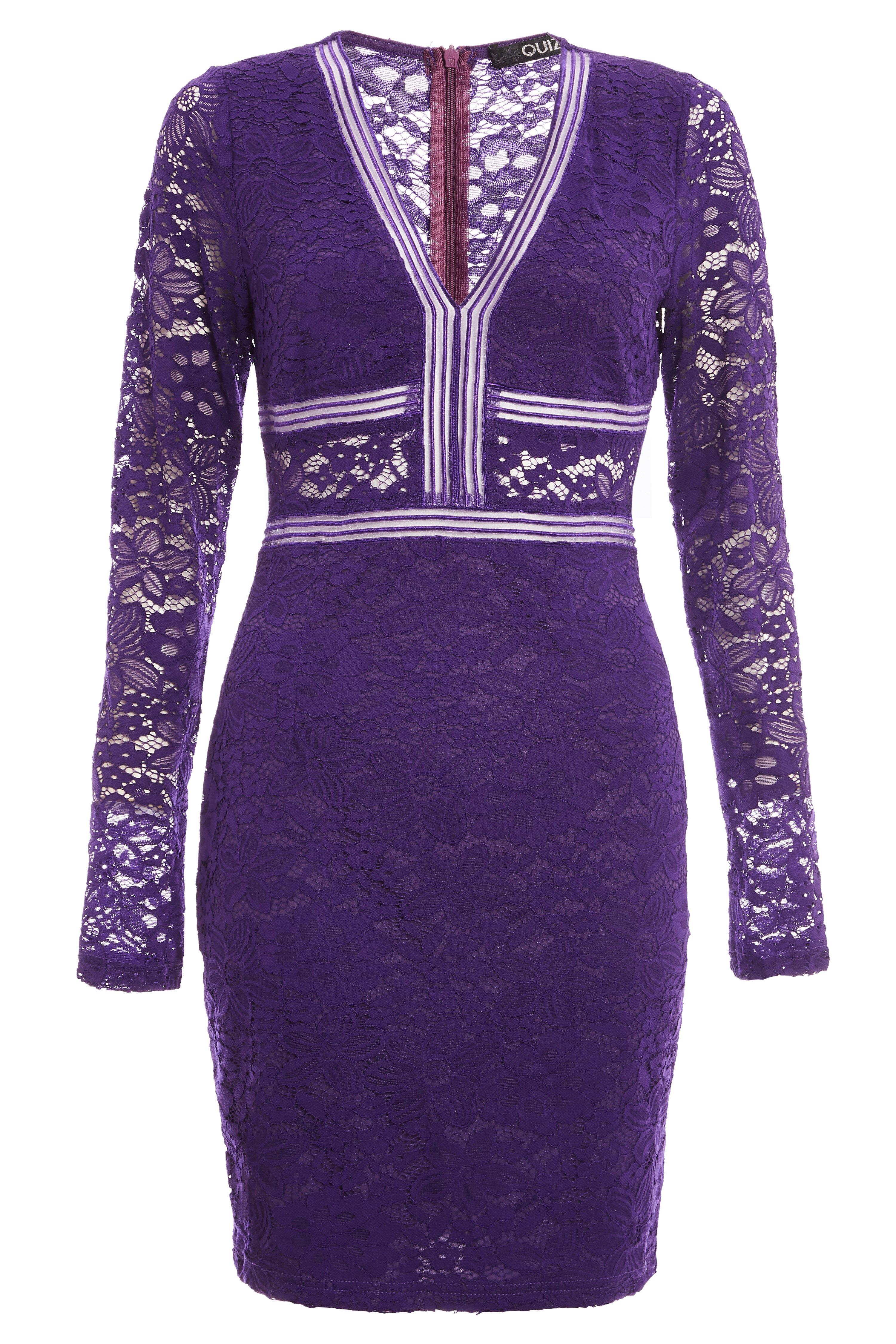 Purple Lace Long Sleeve Bodycon Dress - Quiz Clothing