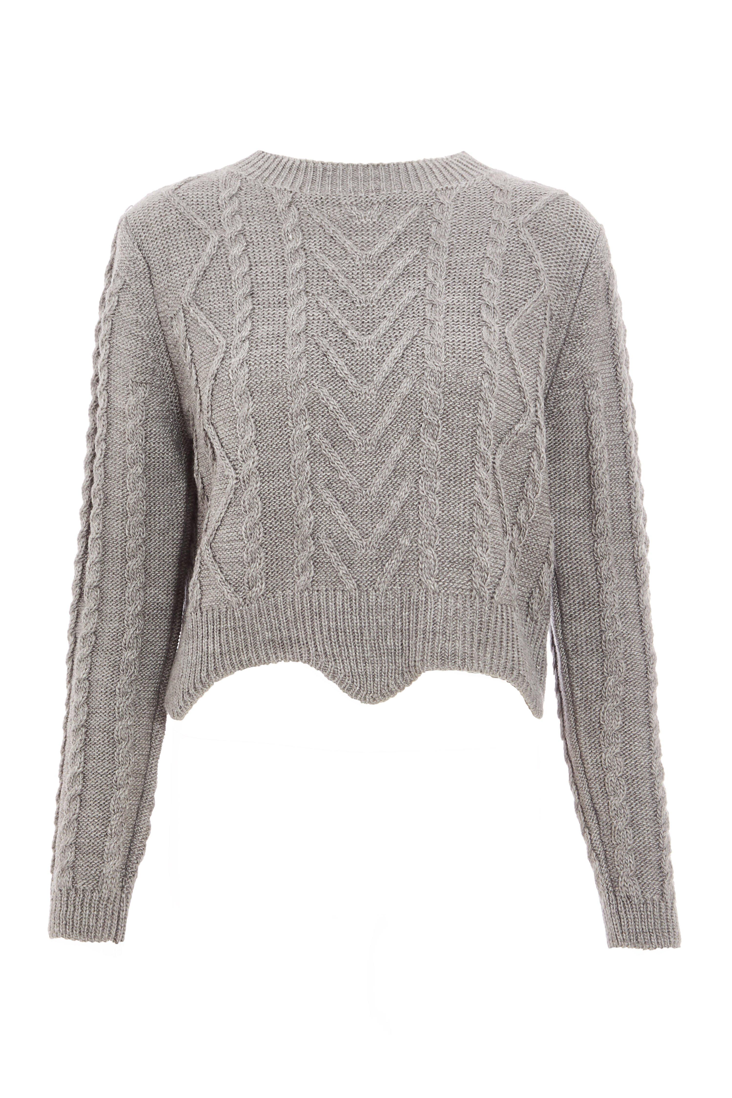 Grey Round Neck Cable Knit Jumper - Quiz Clothing